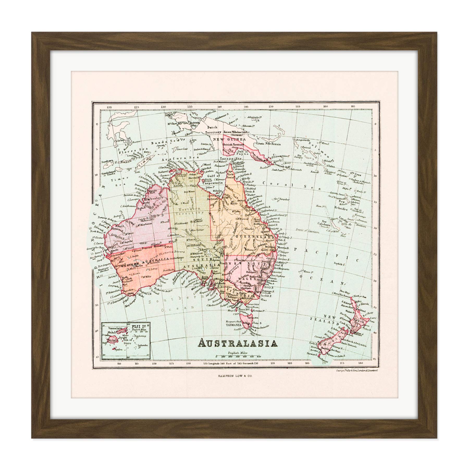 Map Sampson Australasia Australia Fiji Square Wooden Framed Wall Art Print Picture 16X16 Inch