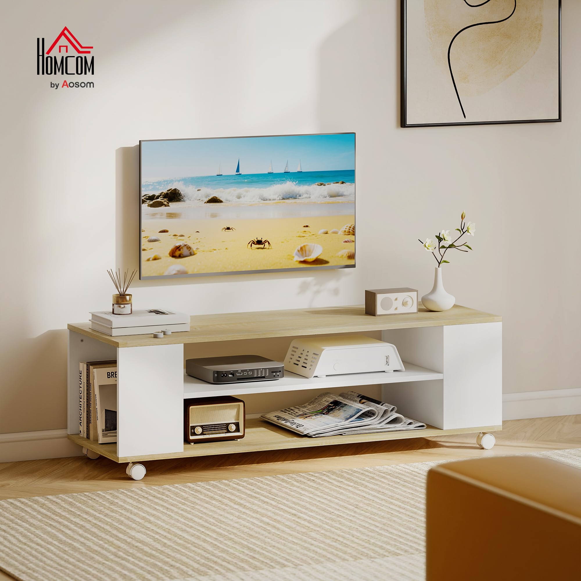 HOMCOM Mueble de TV con Ruedas, Mesa de TV Suspendido o de Pie, para Salón, con 4 Estantes Abiertos, para Televisión de 55 Pulgadas, Estilo Moderno, 120x40x38,5 cm, Natural y Blanco