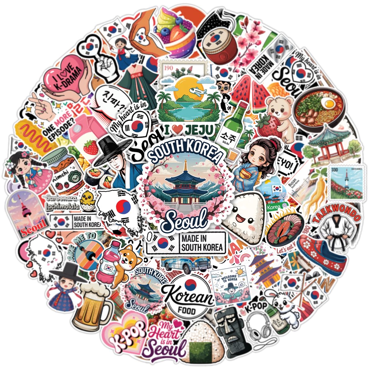 View 1 of 100PCS South Korea Stickers – Korean Culture Aesthetic K-Pop K-Drama Food Travel Decals for Laptop, Water Bottle, Scrapbook, Journal