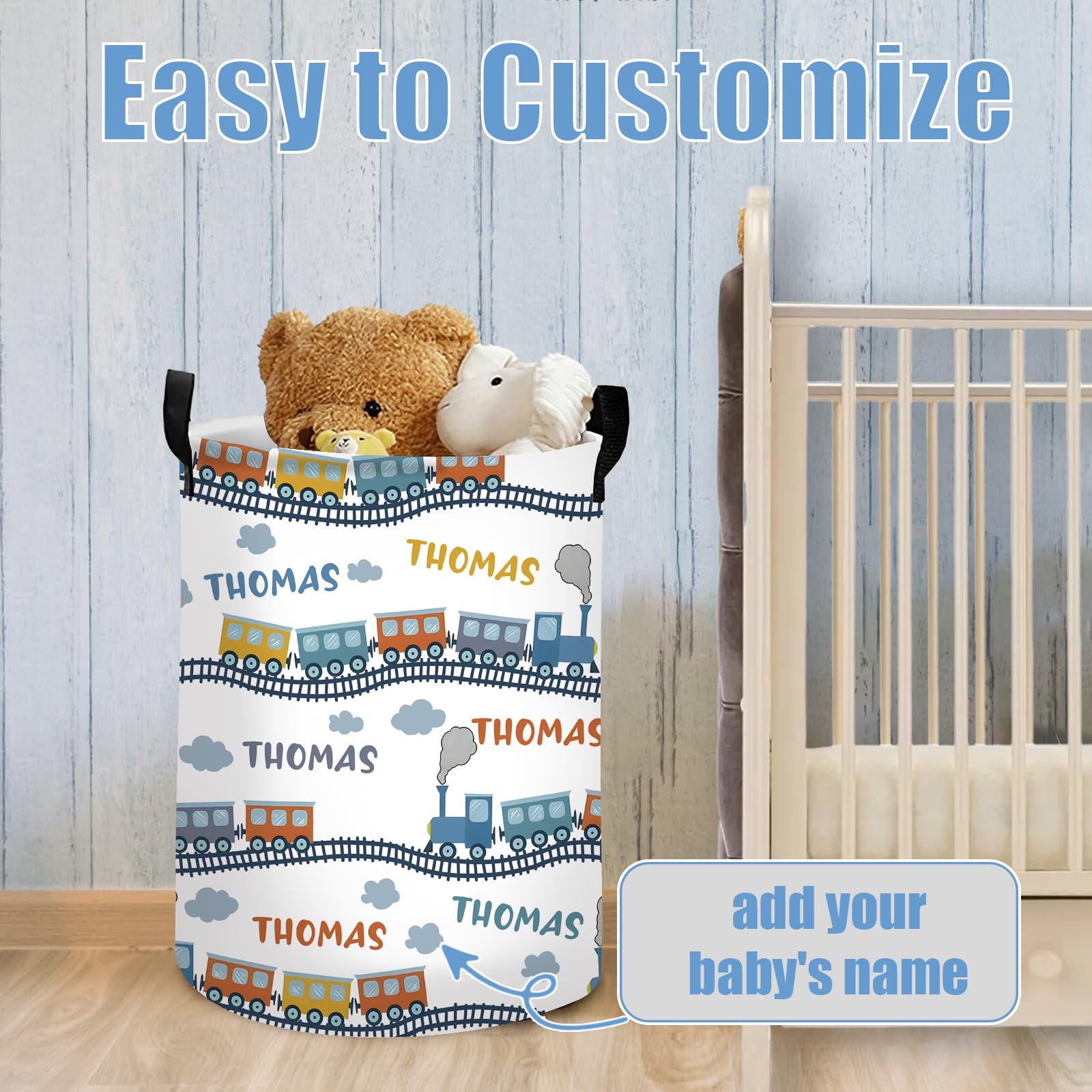 Rucekia Custom Train Laundry Basket for Kids, Personalized Name Baby Dirty Clothes Basket with Handles, Customize Laundry Hamper, Portable