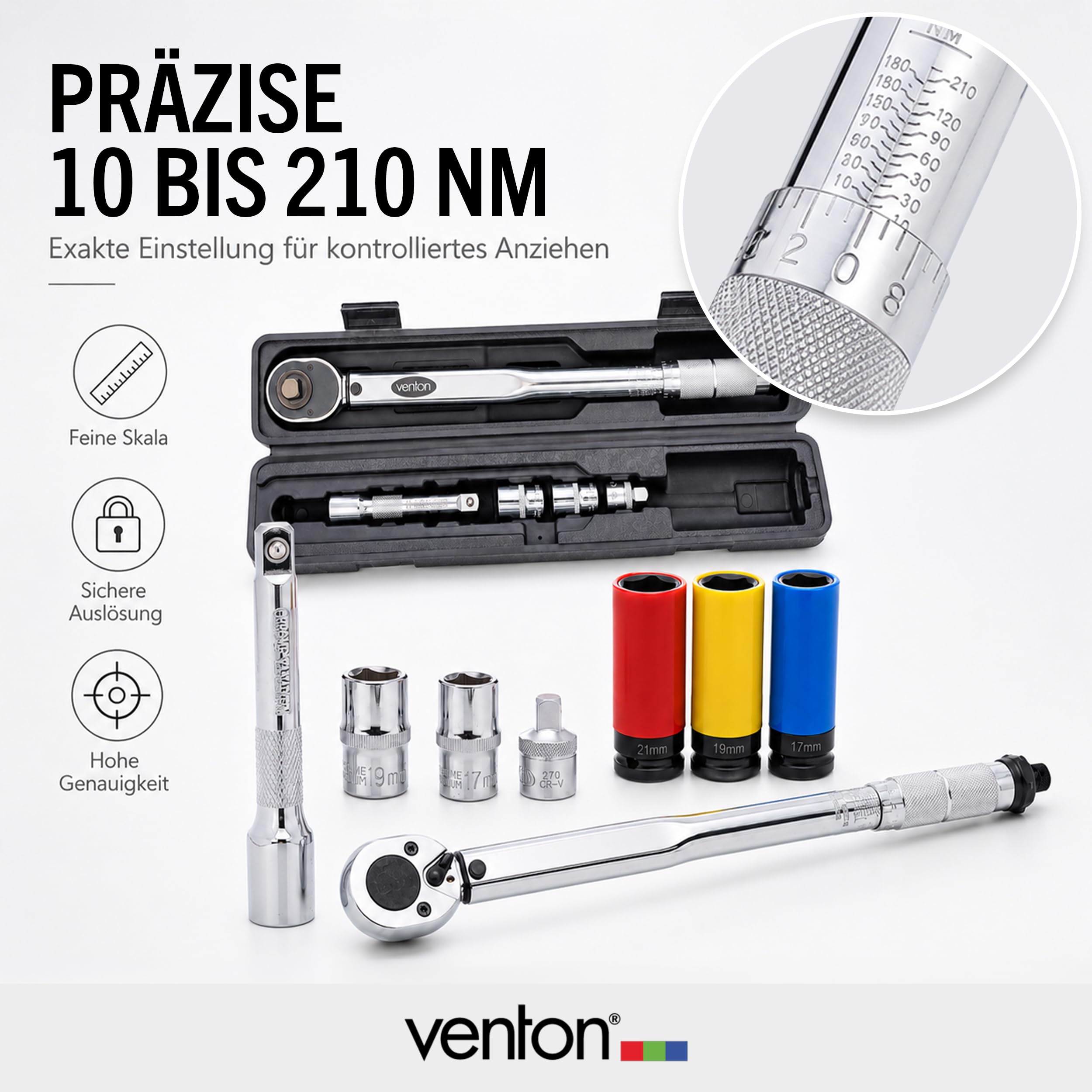 VENTON Juego de llaves dinamométricas profesionales de 1/2", 3/8", adaptador, 10-210 Nm, 3 x llaves blancas, herramienta precisa para cambio de ruedas con carraca reversible, llaves de vaso
