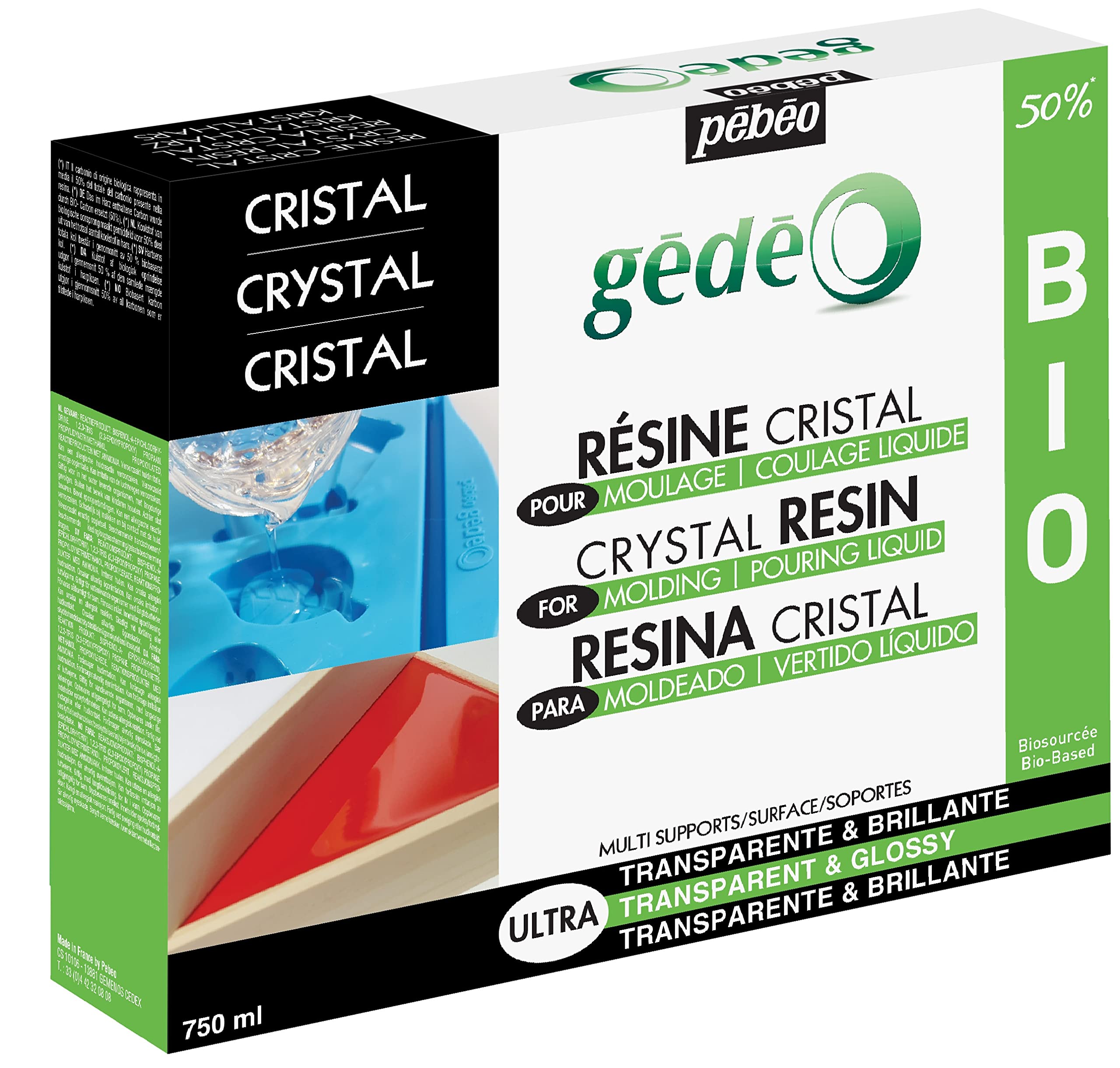 Pébéo - Epoxidharz Set Gédéo Biobasiert - 50% Biobasierter Kristall Kunstharz - Transparent und Glänzend - Alle Untergründe - Resin Gießharz - Zum Einschließen, Gießen, Formen, Lackieren - 750 ml