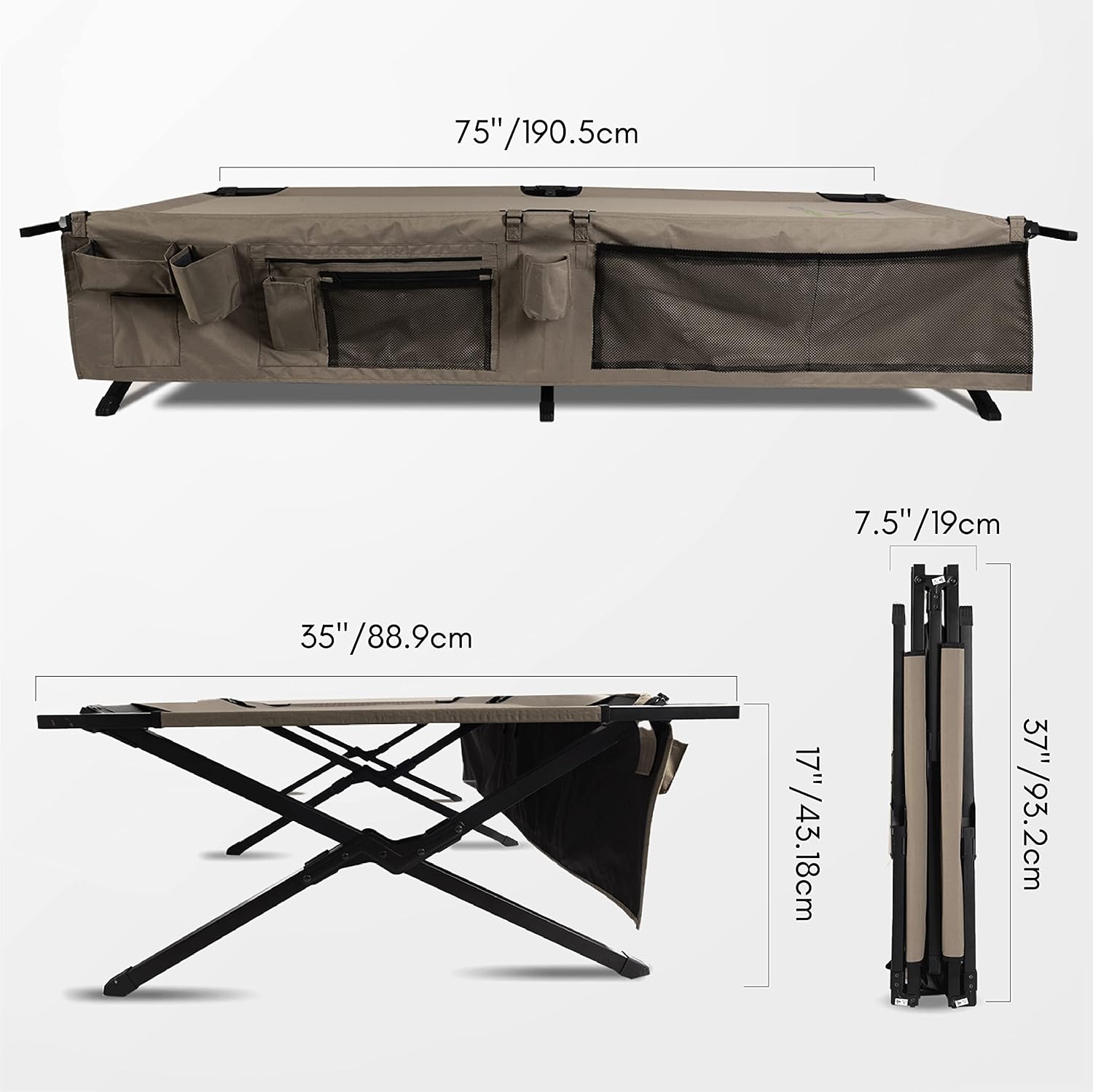 Extremus New Komfort Camp Cot, Folding Camping Cot, Guest Bed, 300 lbs Capacity, Steel Frame, Strong 300D Polyester Surface, Includes Side Storage Organizer, Carry Bag, 75” Long x 35” Wide x 17” Tall