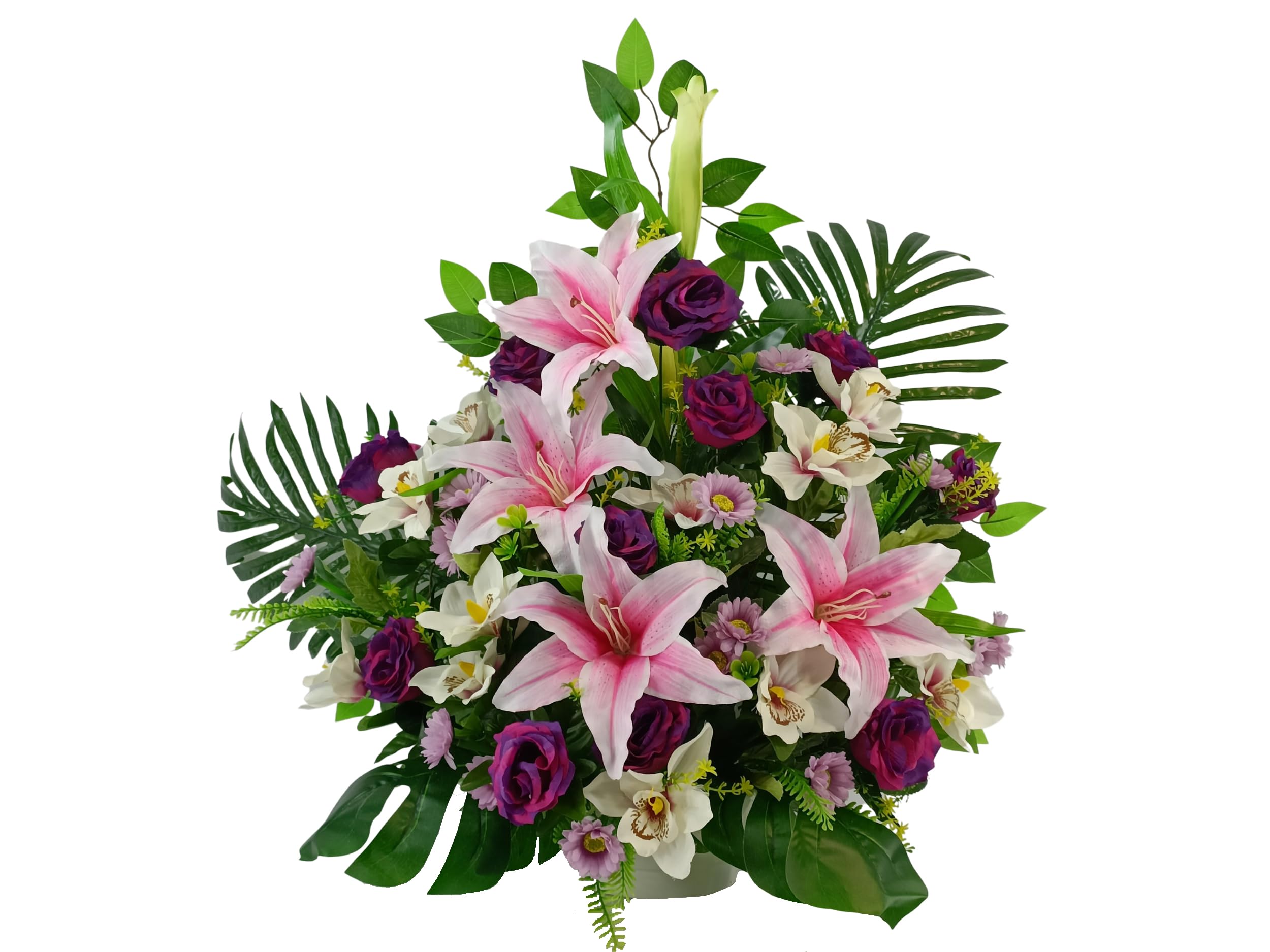 DRW Centre de Fleurs Artificielles pour Cimetière Rose et Mauve Églises Mariages Centre de Fleurs pour Les Saints avec Liliums, Roses, orchidées Rose, Mauve et Violet (Centre 70x85x30 cm)