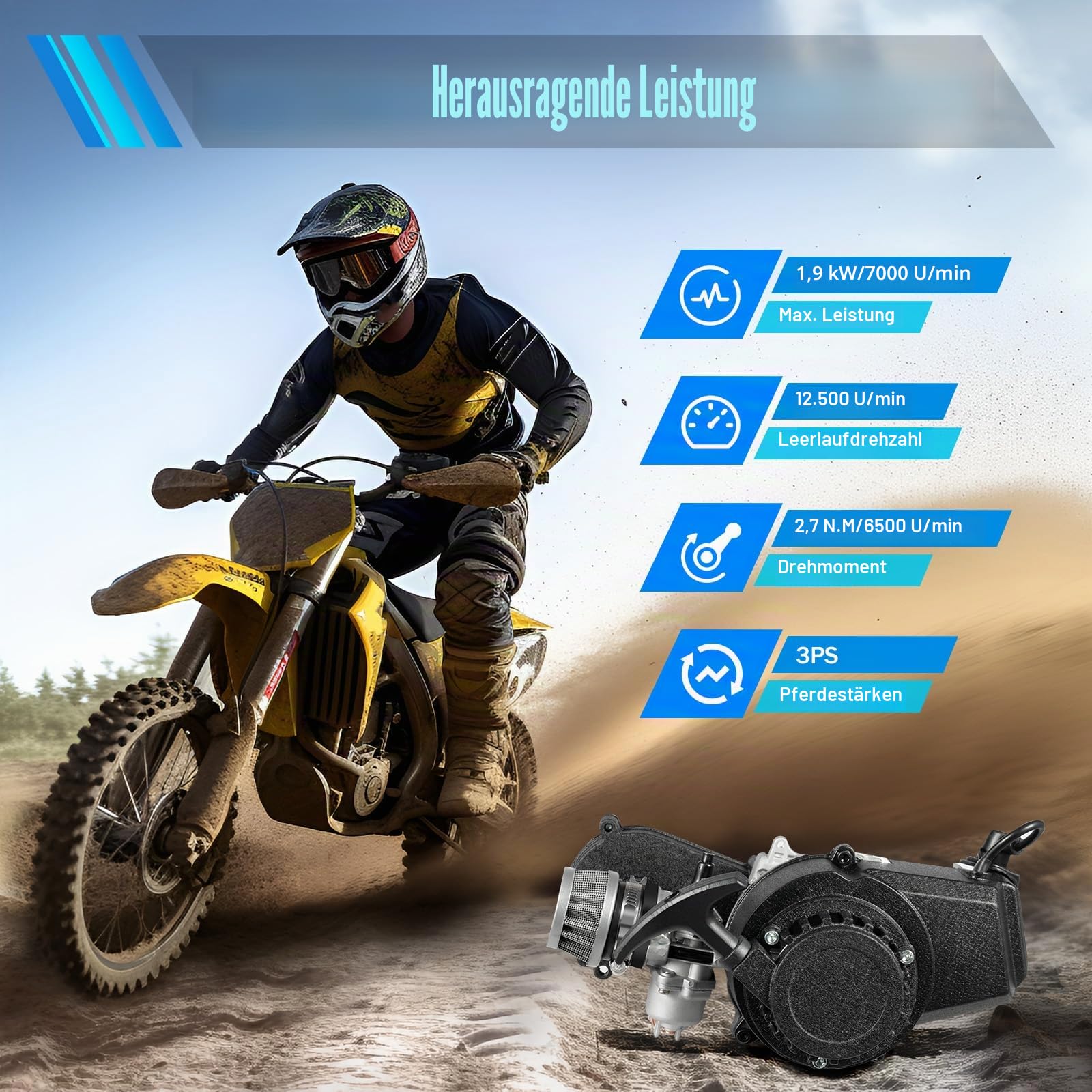 49ccm 2-Takt Motor 50ccm Pocket Bike Motor Mini Cross Fahrradmotor Kit, ATV Quad Dirtbike Motoren mit H117B Vergaser Einzelzylinder