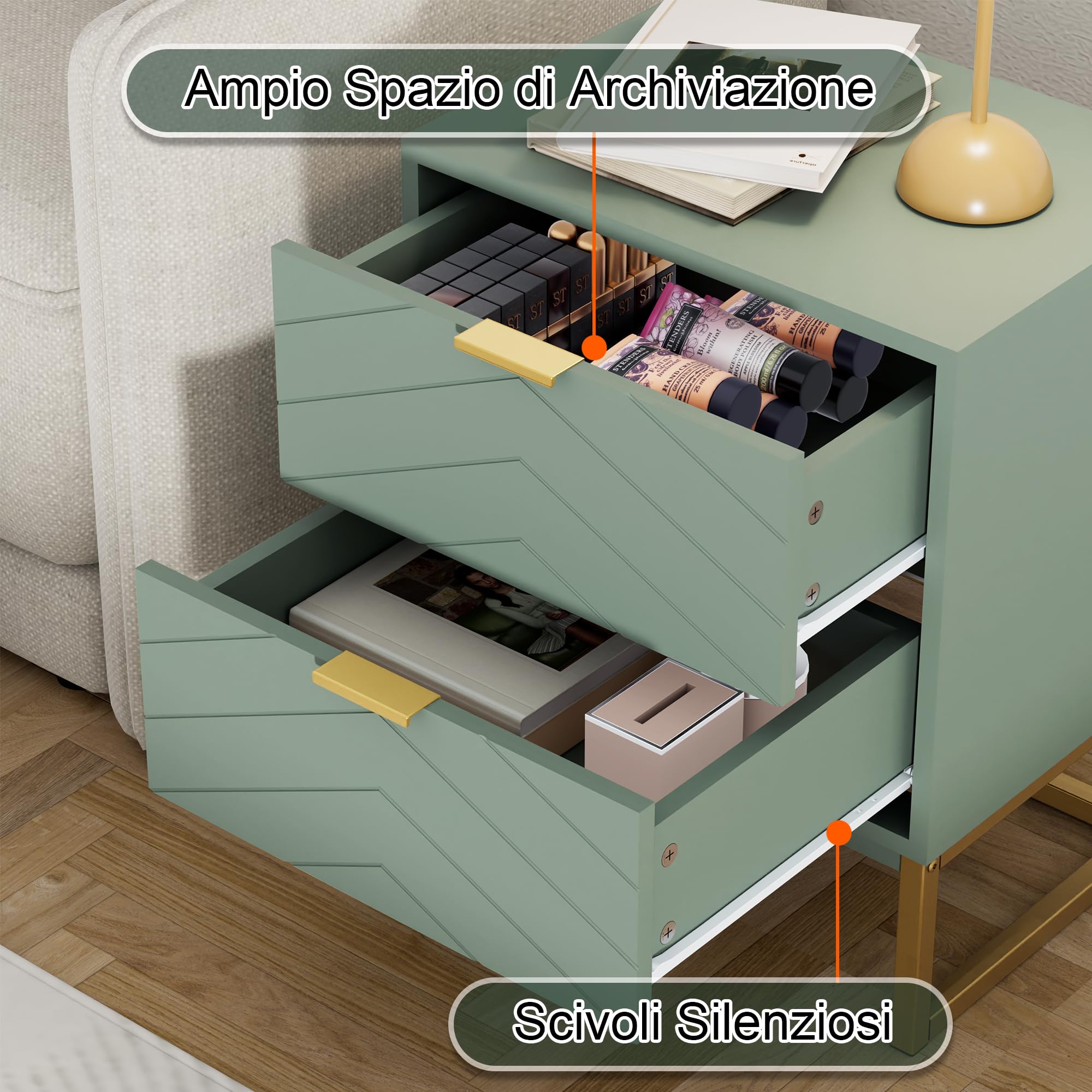 UEV Set di 2 Comodino Camera da Letto con Motivo a V, Mobile Camera da Letto con Miniglie e Piedini in Metallo, Comodino Moderno e Stabile, 46 x 33,5 x 56,5 cm, Verde