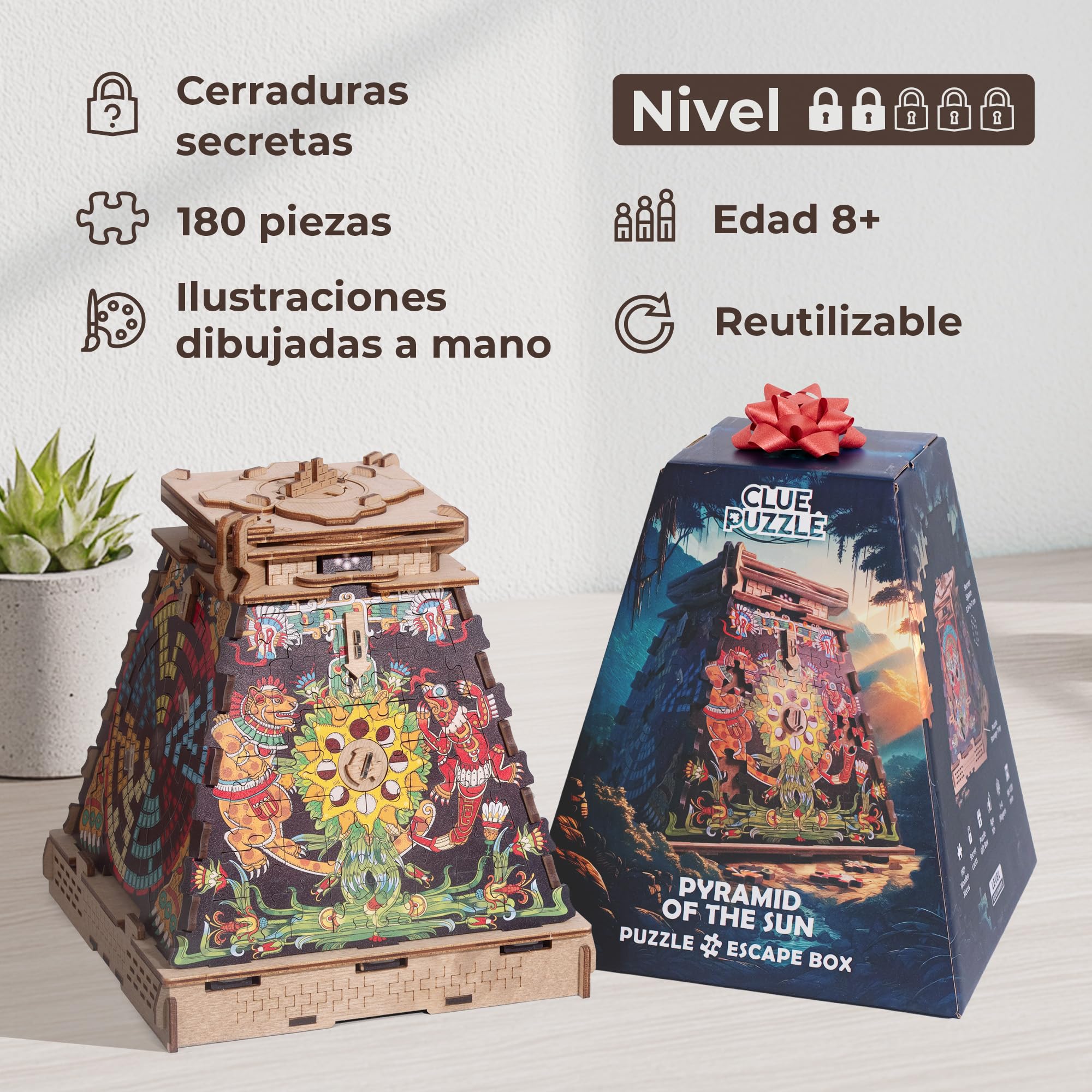 iDventure Cluepuzzle Pirámide de Sol - Juego de Escape Room con rompecabezas de Jigsaw - Puzzle de madera 3D - Caja de regalo - Cofre del tesoro - Caja de rompecabezas secuencial para adultos - Regalo