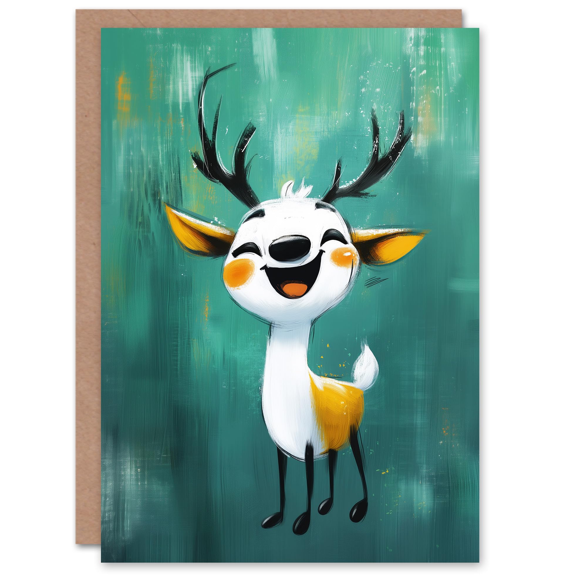Cute Happy Reindeer Cartoon Painting Christmas Fun Gift Festive Xmas Card
