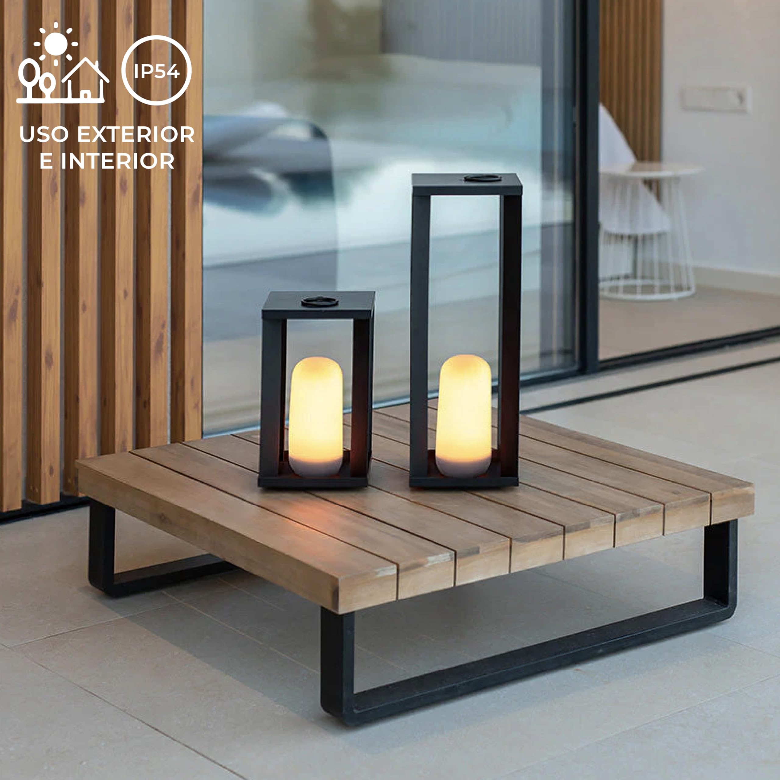 newgarden - Farol de Mesa Portátil y Metálico SIROCO Efecto Llama. Luz LED Cálida 200 Lúmenes Sin Cables IP54. Batería Recargable Hasta 20H de Uso. Incluye Mando a Distancia (Altura 30 cm)