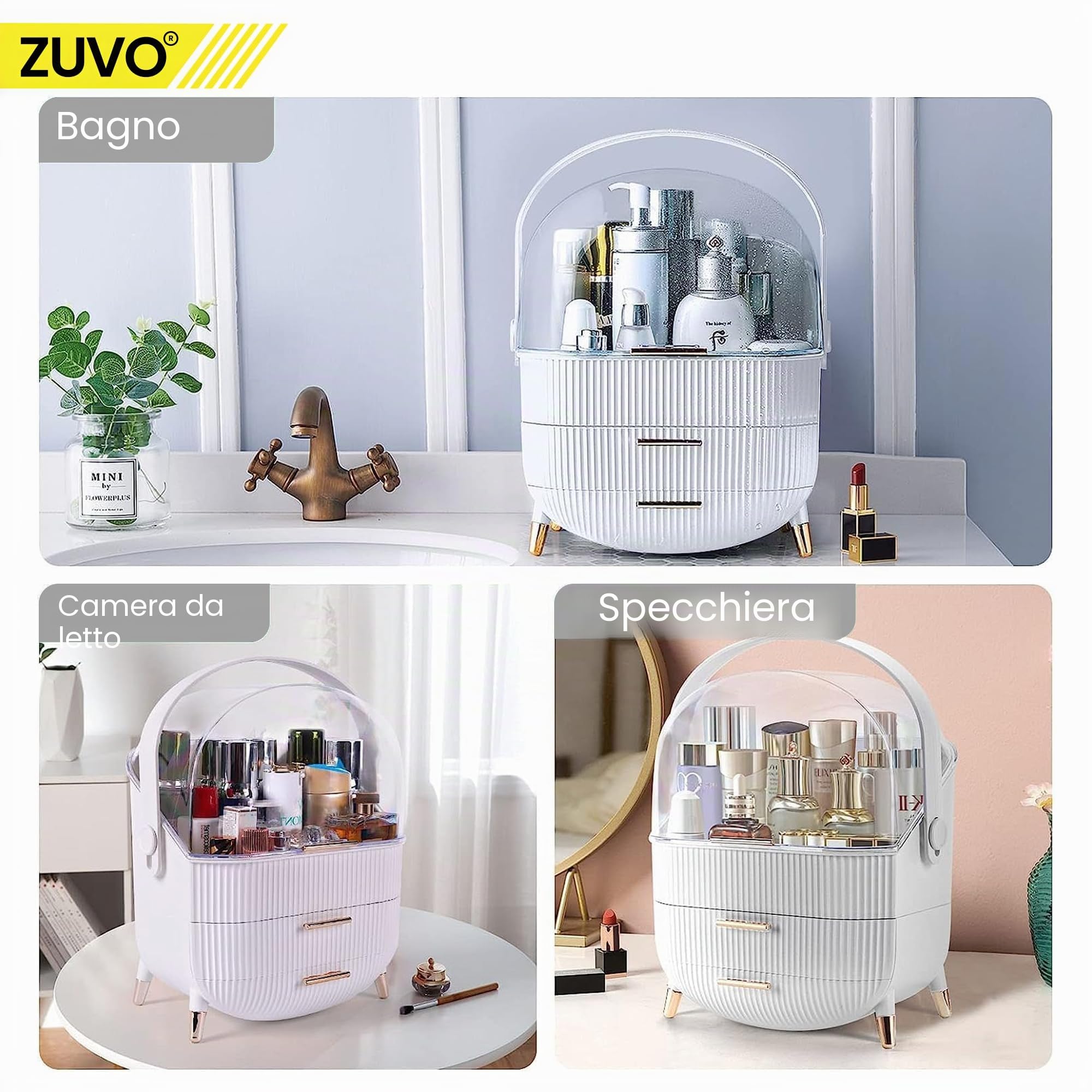 Zuvo Organizer per trucchi con 2 grandi cassetti, espandibile per cosmetici e prodotti per la cura della pelle e la toeletta, colore bianco, elegante e durevole