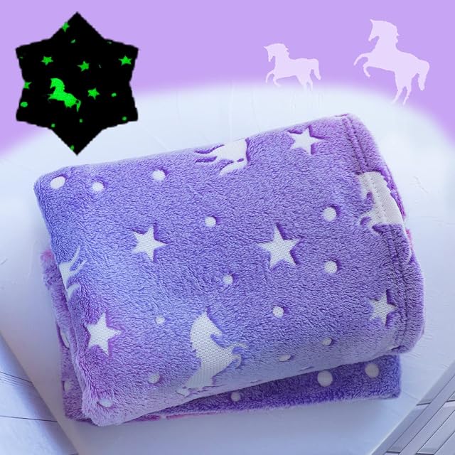 Glow in The Dark Unicorn Throw Blanket with Portable Backpack, Soft Throw Blanket for Girls Boys, Camping Blanket, Gifts for Children Ages 1-10, Kids Blanket, Day Care Home Office Travel Use