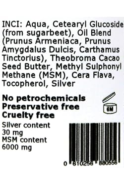 Silver-MSM Cream 30 ml 100% natural ingredients cold pressed oils anti-bacterial protection unscented