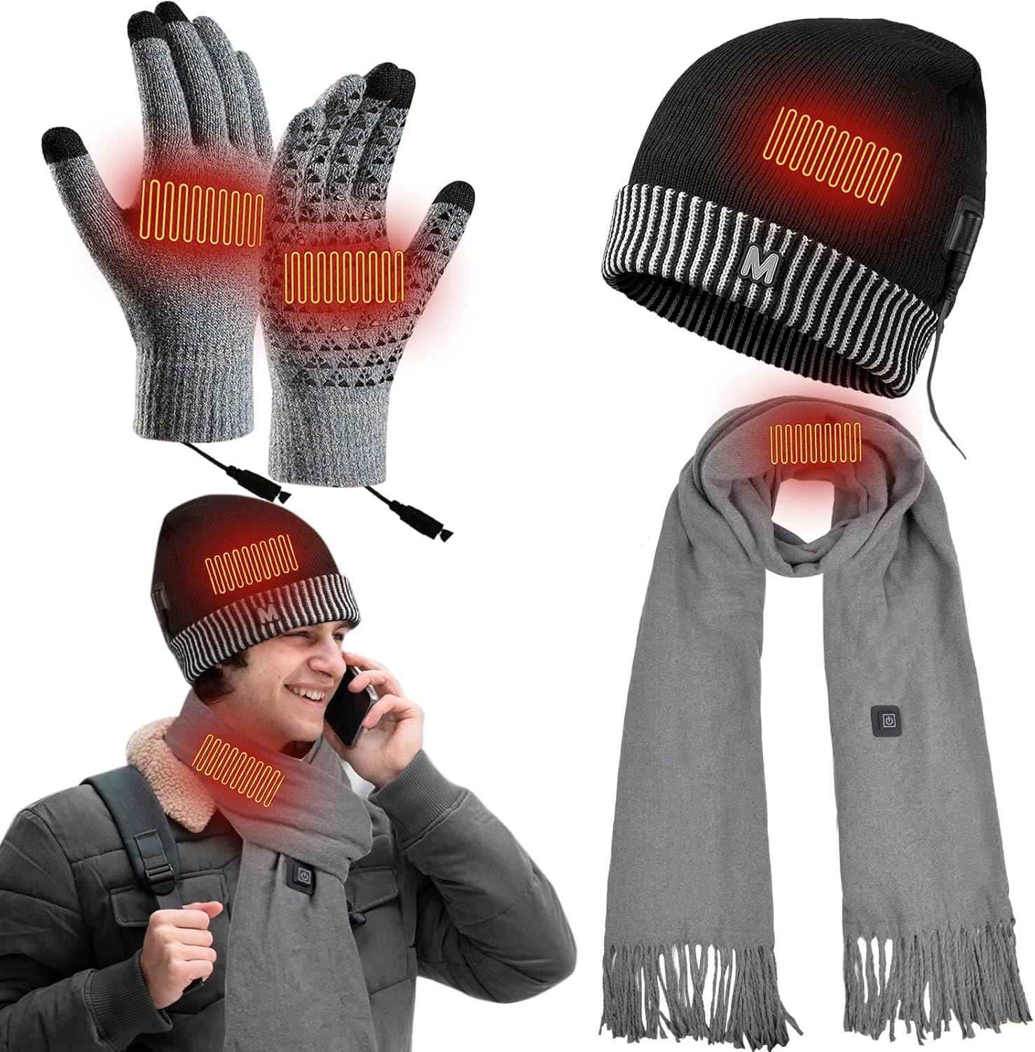 Heated Hat Scarf Gloves Set - 3 Pack Winter Heated Gloves for Arthritis Hands Rechargeable Warming Beanie Scarf for Women Men