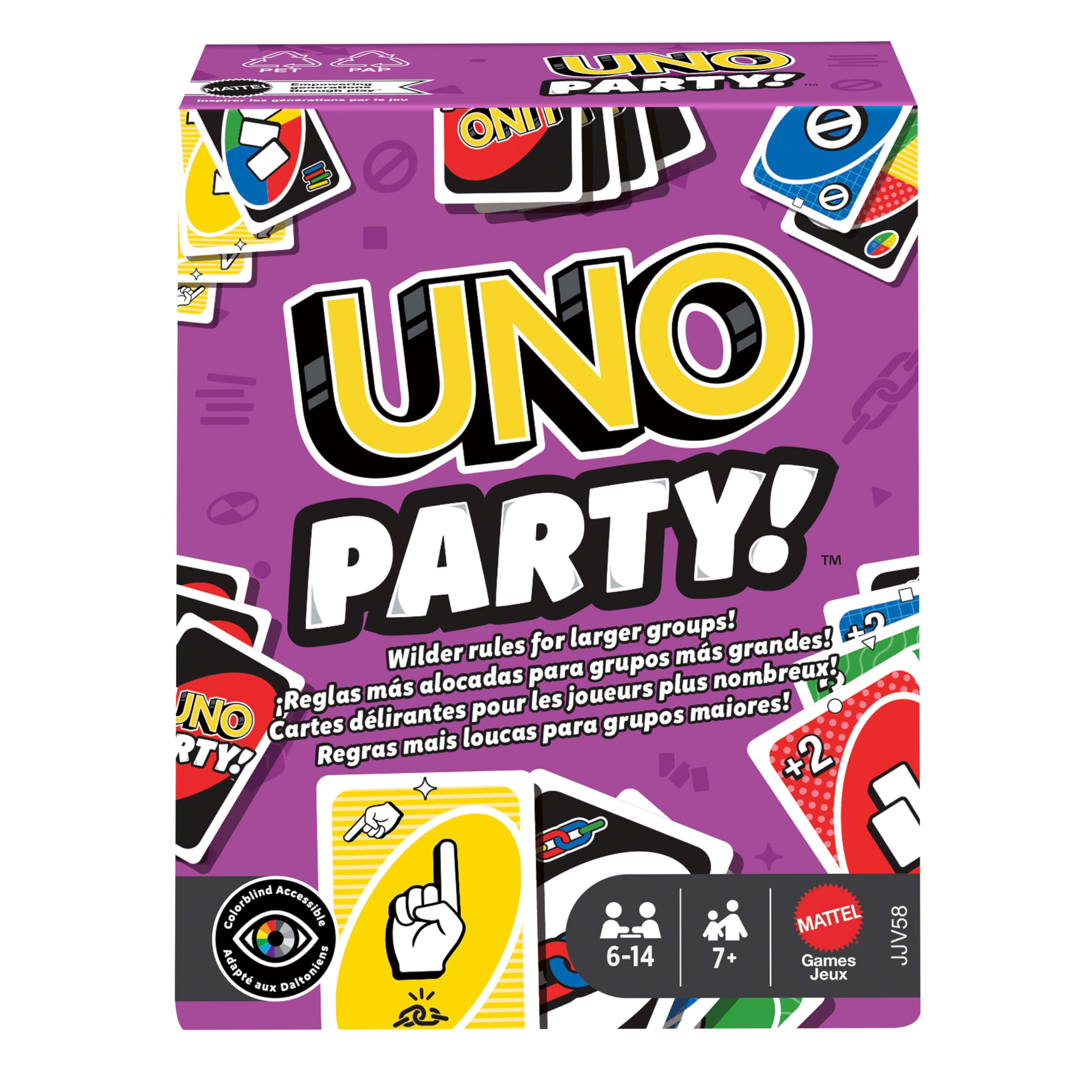 Mattel Games Mattel Games UNO Party, gioco di carte con mazzo e regole speciali per gruppi numerosi per bambini, adulti e famiglie, da 6 a 14 giocatori dai 7 anni in su, JJV58