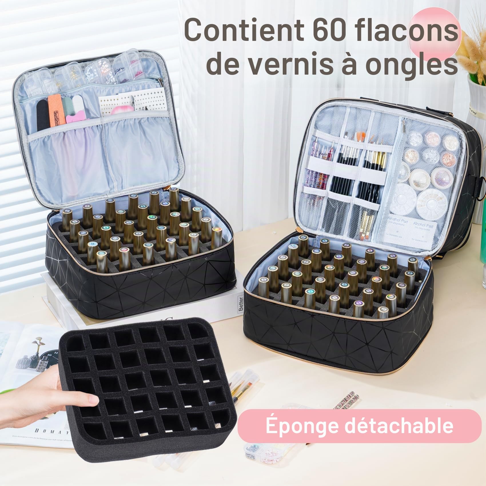 Uross Organisateur de Vernis à Ongles pour 60 flacons de Vernis à Ongles et 1 Lampe à Ongles LED, Sac de Rangement de Vernis à Ongles pour Accessoires de manucure（Noir）