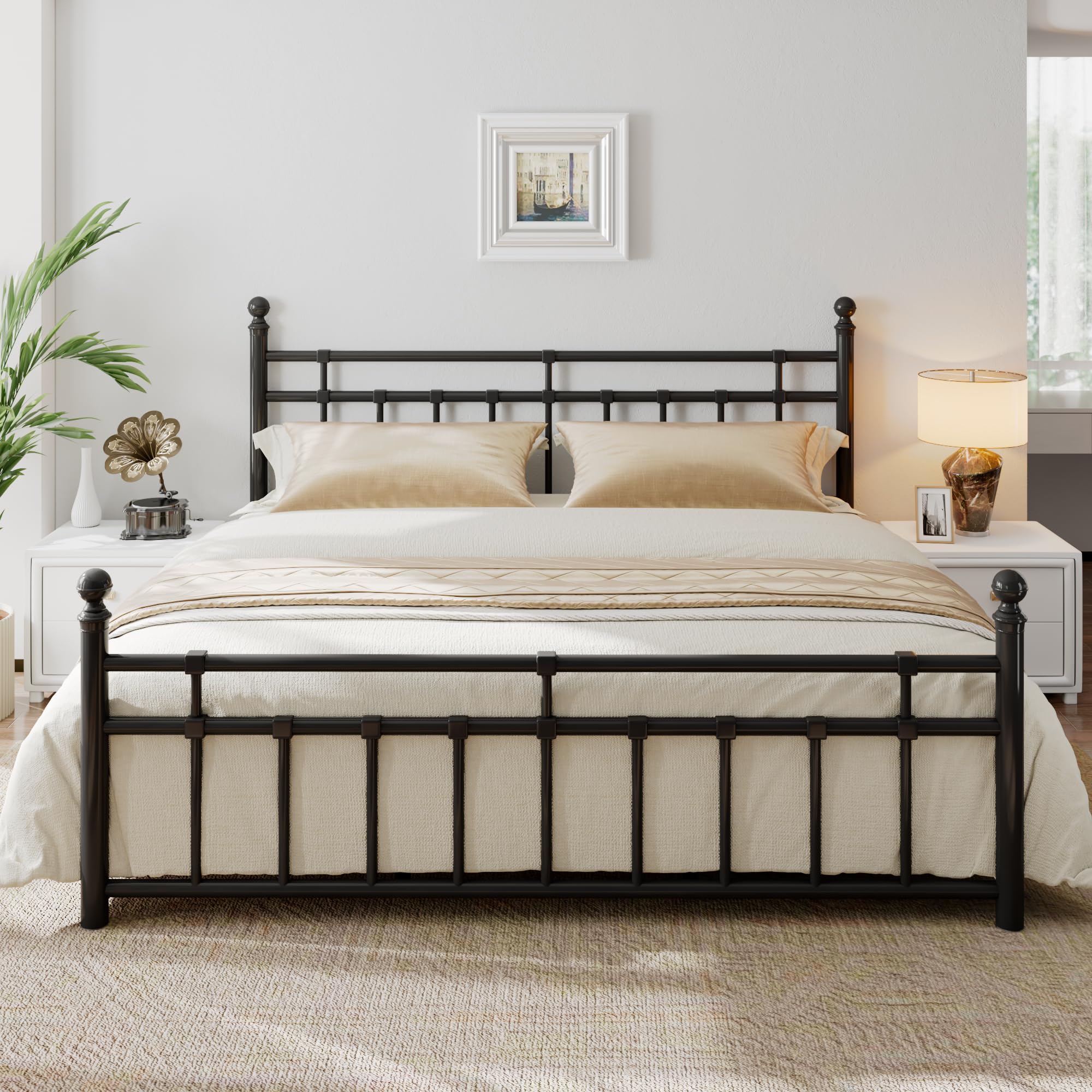 iPormis King Metal Bed Frame with Vintage Headboard and Footboard, Farmhouse King Size Bed Frame, Under Bed Storage, No Box Spring Needed, Noise-Free,