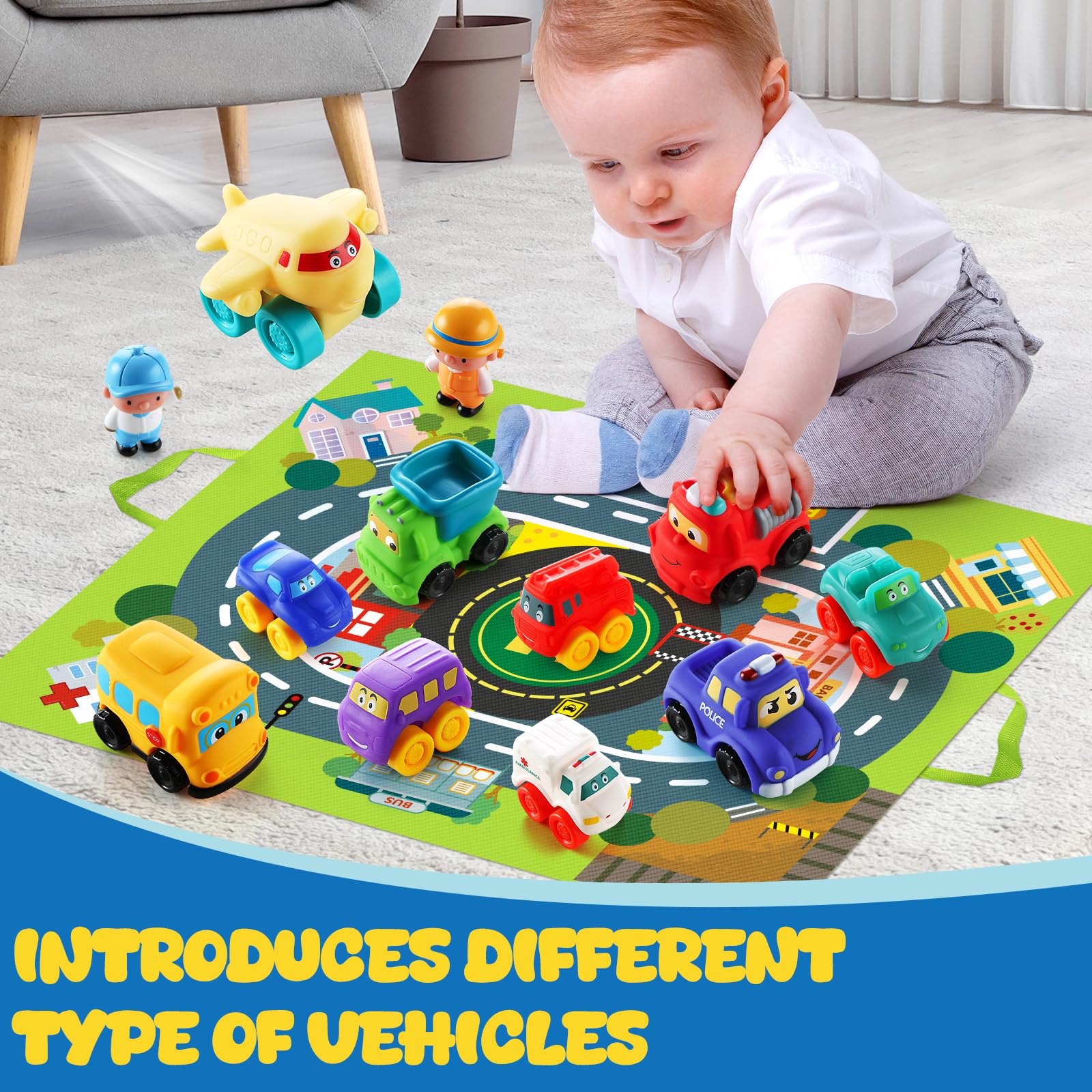 lerrbo Giocattolo Auto in Gomma Mollissima per Bambino di 1 Anno con Tappetino da Gioco|12 Auto Cartone Animato Baby Toys per Bambini dai 12 ai 18 Mesi e Toddler dalle 1 alle 2 Anni