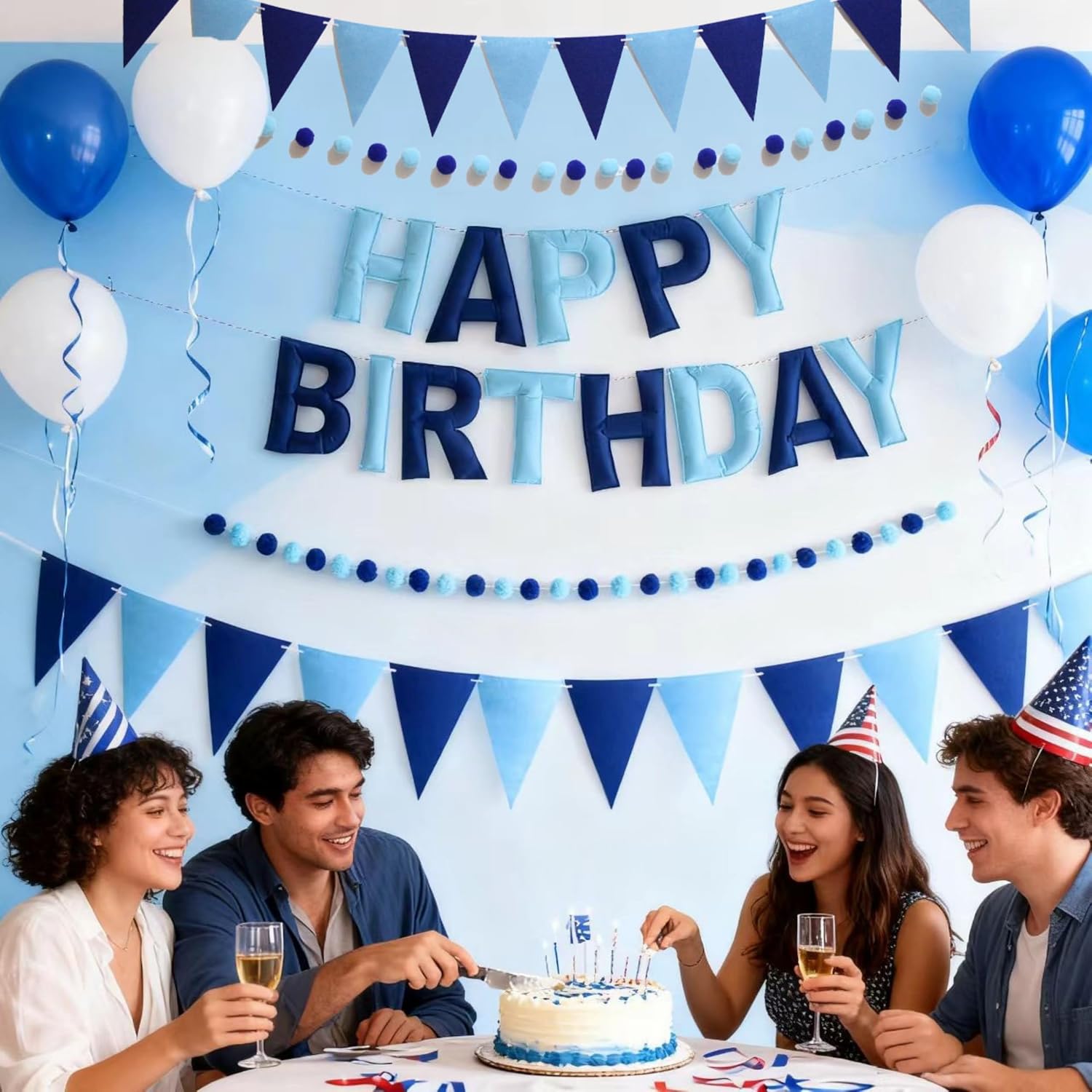 6.3 Inch Large Felt Happy Birthday Banner - Pre-Strung Blue Fabric Birthday Garland, Reusable Happy Birthday Sign for Boy Men Party Decorations (Blue)