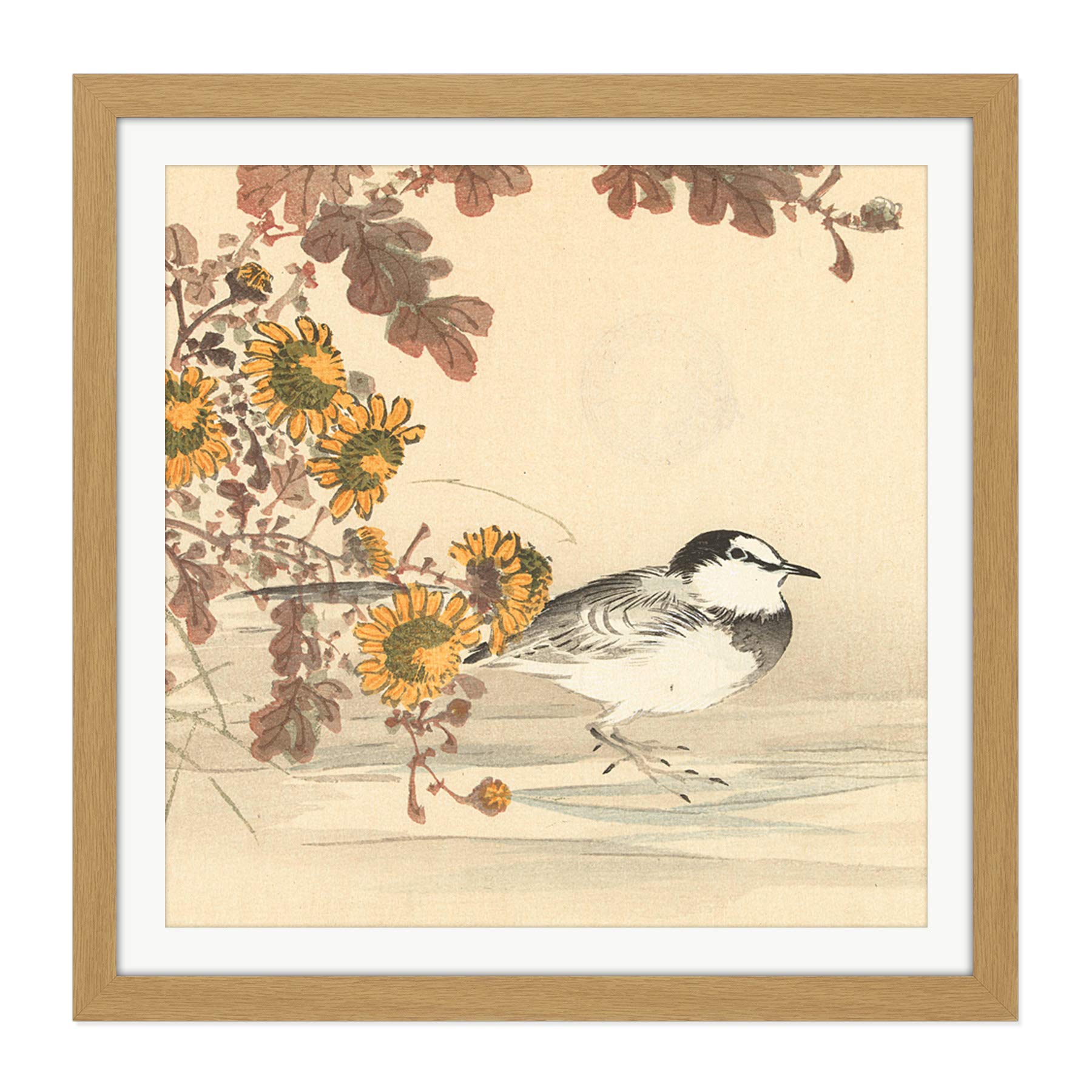 Artery8 Kono Bairei Wagtail Bird Flowers Japanese Woodblock Square Wooden Framed Wall Art Print Picture 16X16 Inch