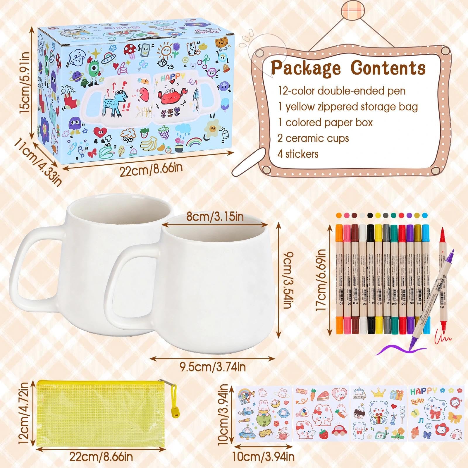 Zestaw do malowania ceramiki, 2 puste kubki ceramiczne o pojemności 400 ml do malowania, 12 kolorowych pisaków porcelanowych z podwójną końcówką i 4 naklejki