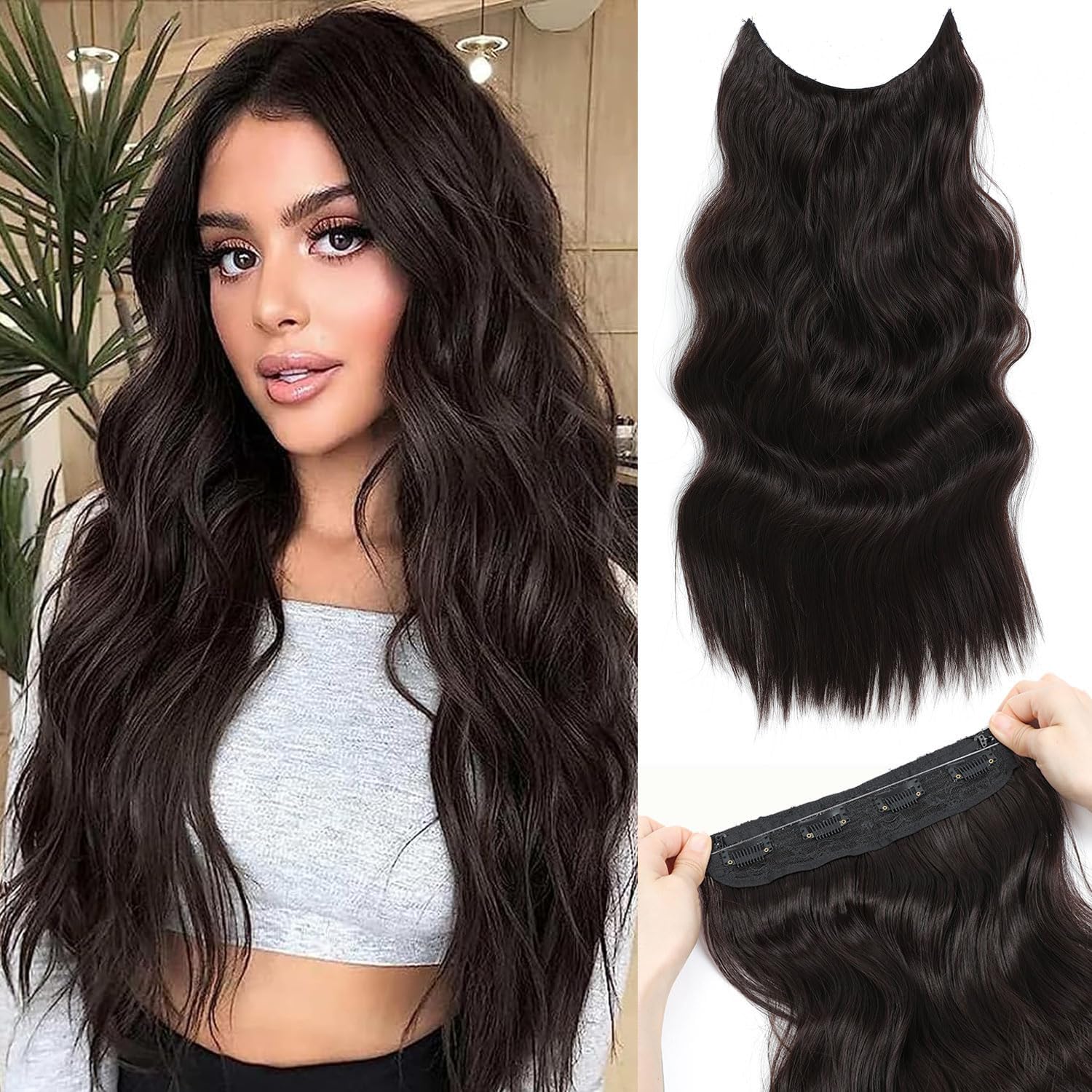 Halo Hair Extensions Invisible Wire Hair Extensions 20 Inch Long Wavy Hairpieces for Women With 4 Secure Clips (Dark Brown)