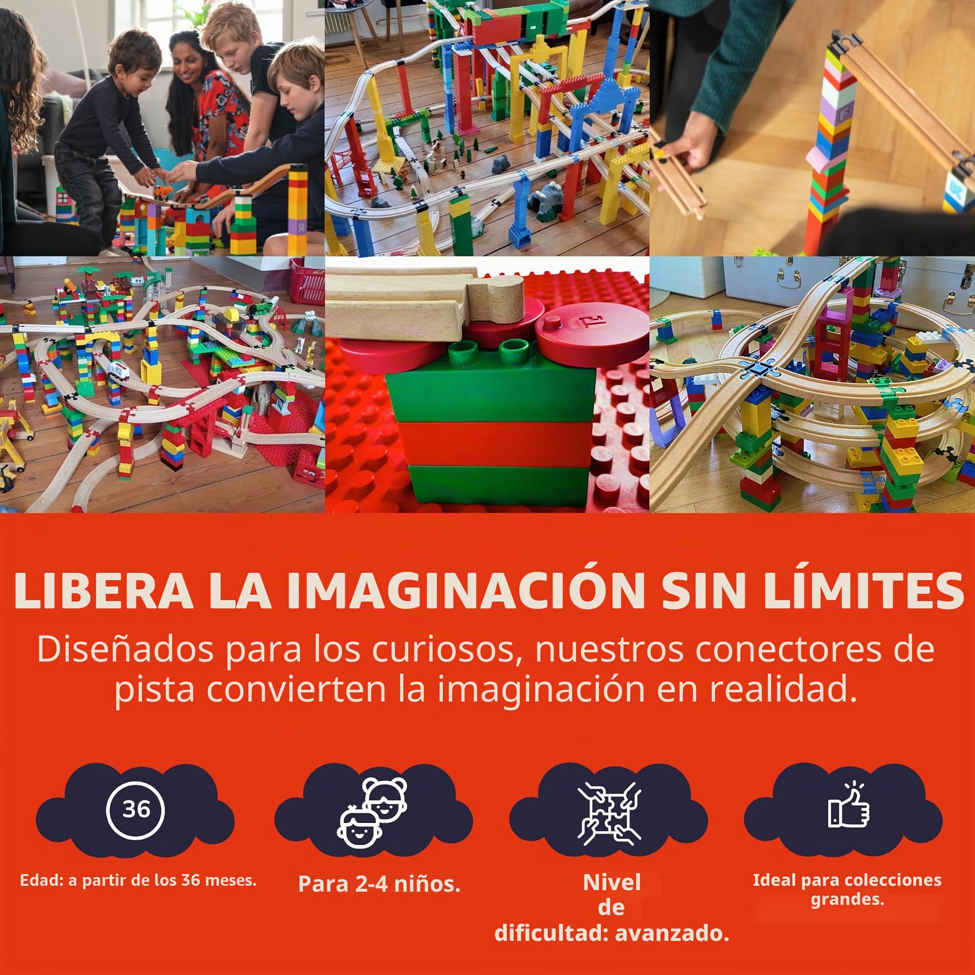 TOY2 Allround - Juego de 41 Conectores de Pista de Tren para Juguetes compatibles con Brio & Duplo | Kit con 6 Conectores Diferentes | Juego de Conectores de riel de Madera sostenible