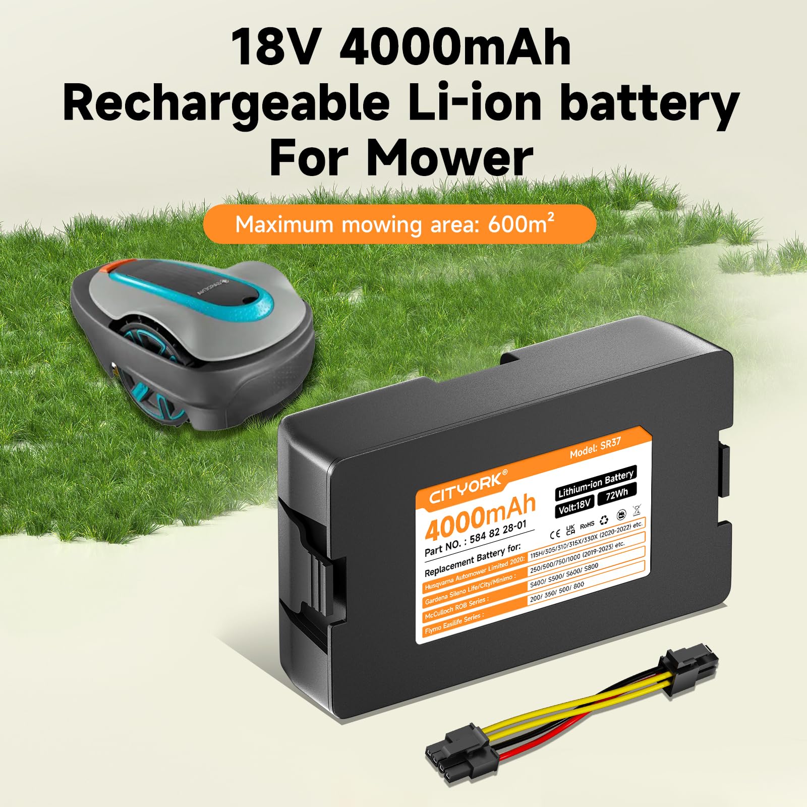 CITYORK Batteria di ricambio da 18 V, 4000 mAh, per Gardena Sileno Life/City/Minimo 250/500/750/1000 (2019-2023), per Husqvarna Automower Limited 115H/305/310/315X/330X (2022), robot tosaerba