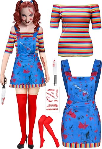 Disfraz de payaso de Halloween para mujer, 5 piezas, personaje de película, vudú, cosplay, vestido de arcoíris, camiseta