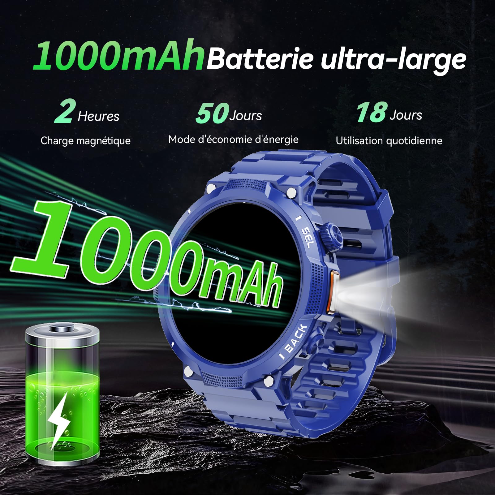 Soudorv Montre Connectée Homme, Militaire Smartwatch avec LED Lampe, Bleu