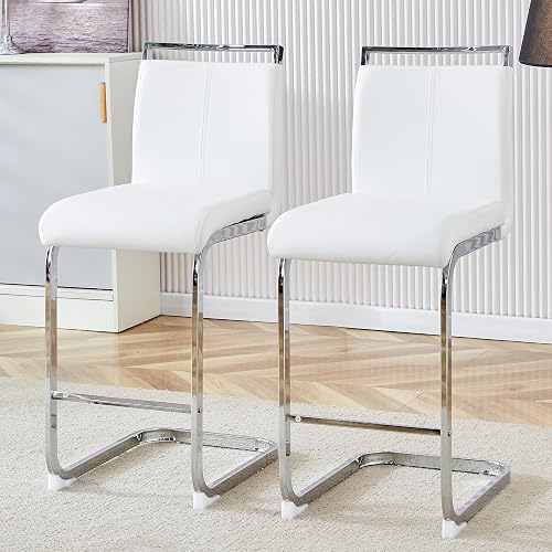 Counter Height Bar Stools Set of 2,25" Modern Bar Stools Set of 2,White Faux Leather Bar Stool with Back,Sturdy Silver Chrome Footrest,Counter Height Chairs for Kitchen Island Pub Home