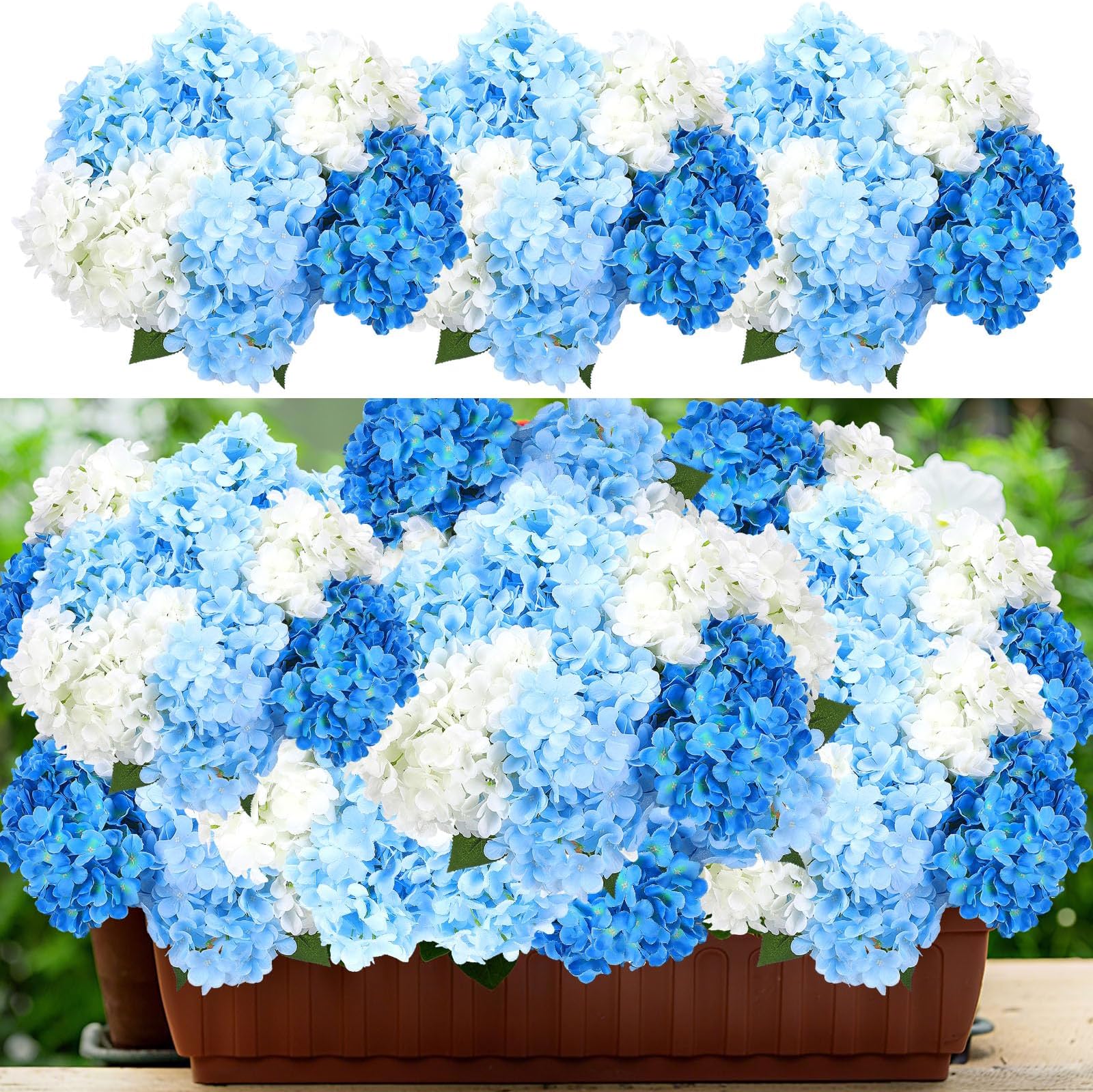 6 Pcs Artificial Hydrangea Flowers Faux Full Hydrangea Flowers with Stems for Wedding Centerpieces Bouquets DIY Blue White Floral Decorations for Home Outdoors(Blue and White)