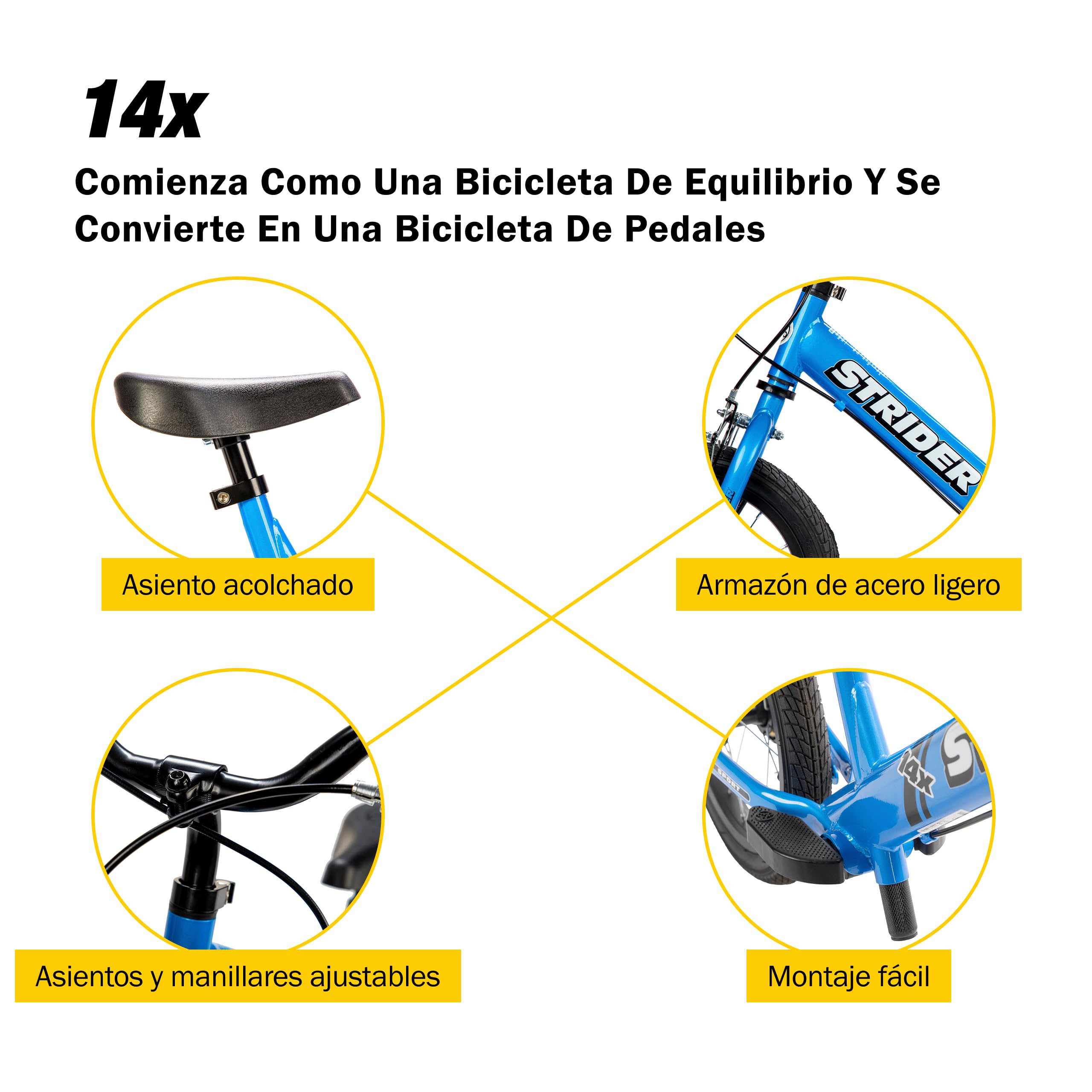Strider 14x - Bicicleta de Equilibrio para niños de 3 a 6 años - Asas adaptadas, sillín Acolchado, reposapiés y neumáticos para Todo Uso - Montaje fácil