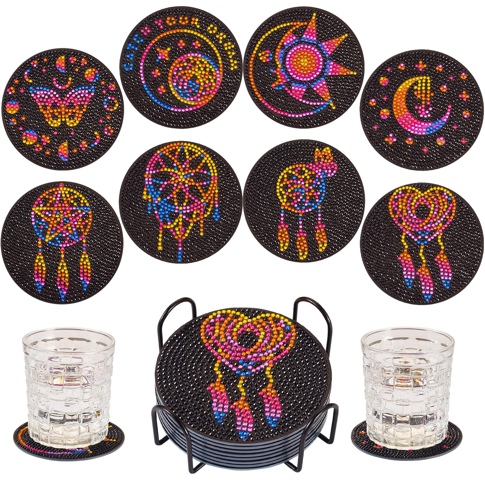 Craftdady 8Pcs Star Moon Diamond Art Coaster with Holder Black 5D Diamond Painting Sets for Crafting Dining Table Bar Coffee Wine Bar Decoration