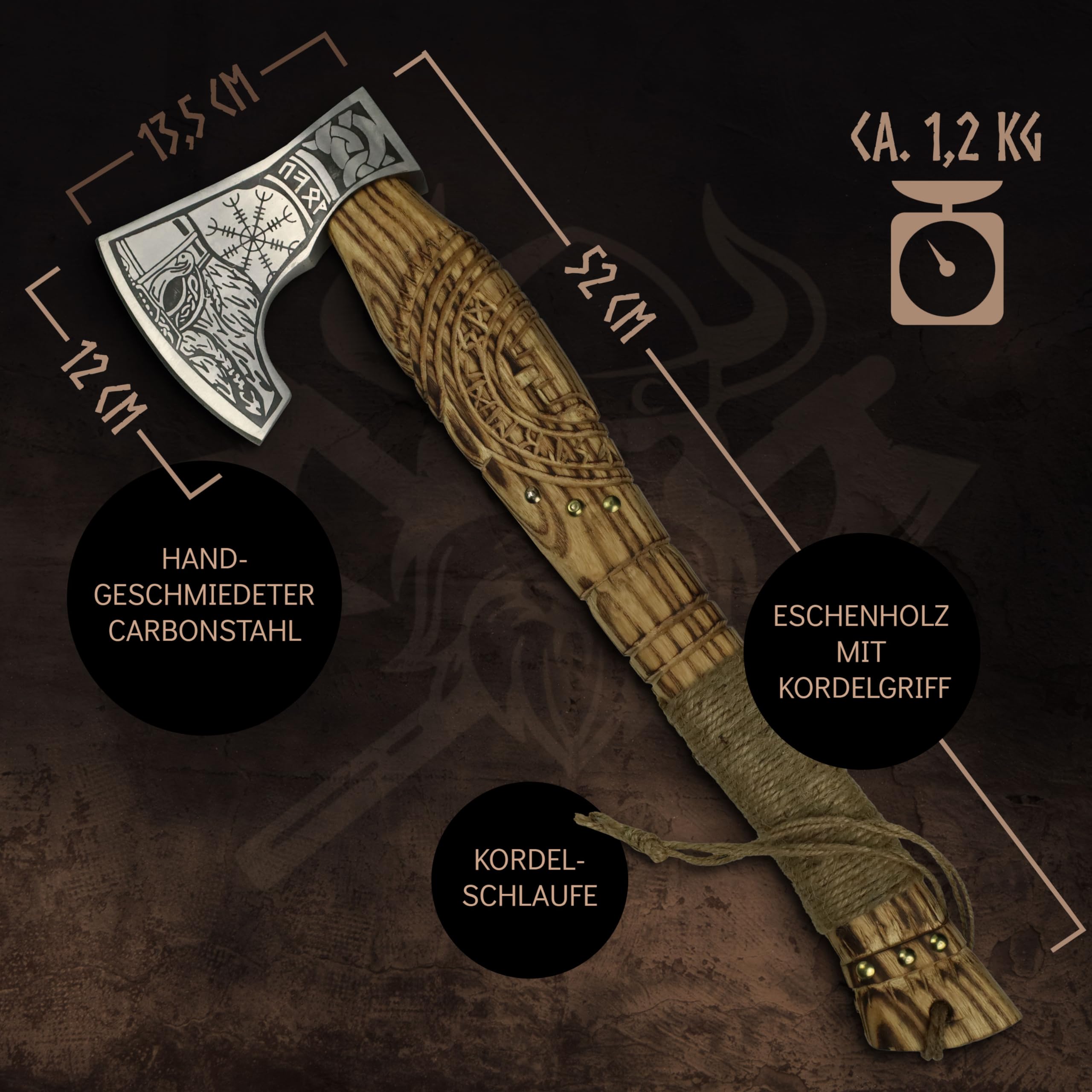 VIKING CRAFT LARP Bijl Vikingbijl, 50 cm, handgemaakt met gravure en leren bescherming, ideale Vikingdecoratie, middeleeuwen, Vikingbijl, scherp echt, Vikingsgeschenken voor mannen, Vikings fanartikel