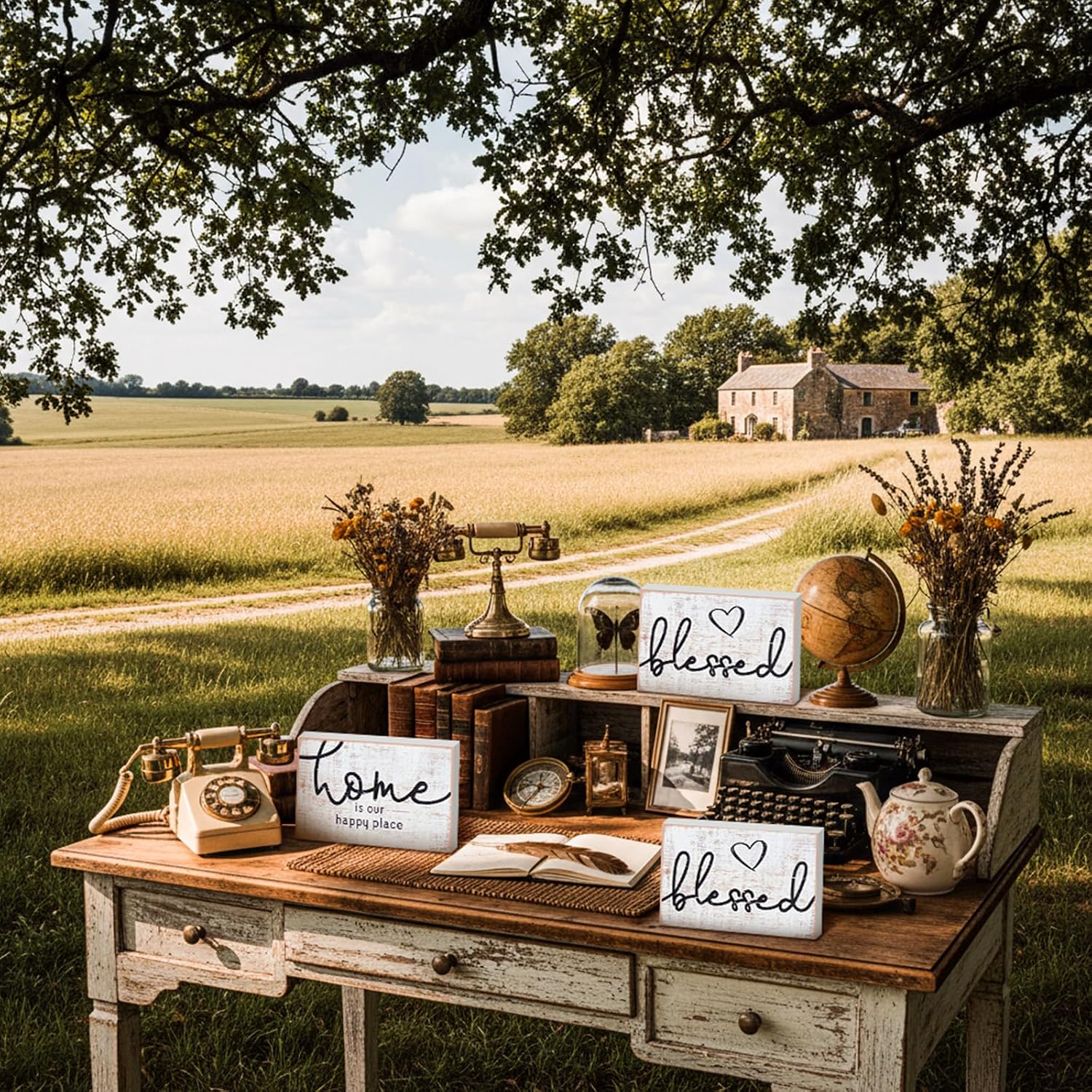 Jetec 3 Pcs Wooden Family Sign Rustic Blessed Home Wall Art Mini Wood Wall Decor Farmhouse Table Shelves Decoration Sign for Bedroom Kitchen Living Room Table Decor (Retro Color,7 x5 x 0.59 in)