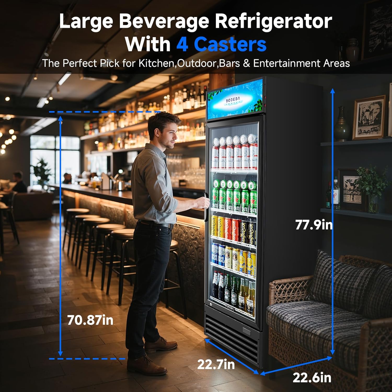 BODEGACOOLER Beverage Refrigerator, 355L/375 Qt Commercial Refrigerator For Kitchen, Home,Office and Garage, 420 Cans & 160 Bottles Display Refrigerator For Beer,Soda, Bar Cooler with Soft LED Light.