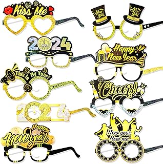 HOWAF Happy New Year Glitter Eyeglasses, New Year Glasses for 2023 Happy New Year's Eve Party Favors, New Year Paper Glasses Photo Booth Props for Kids Adults, New Year Party Glasses Black Gold Silver