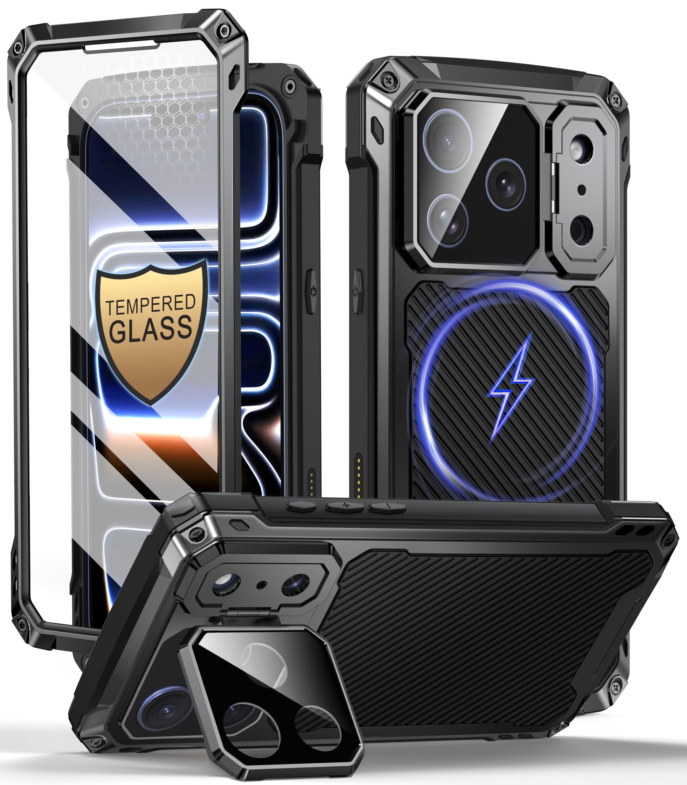 Beeasy Cover per iPhone 17 Pro Metallo con Magsafe, Schermo in Vetro Temperato Protezione Fotocamera e Supporto, 360 Antiurto Militare Resistente Indistruttibile Armor Protezione Custodia, Nero