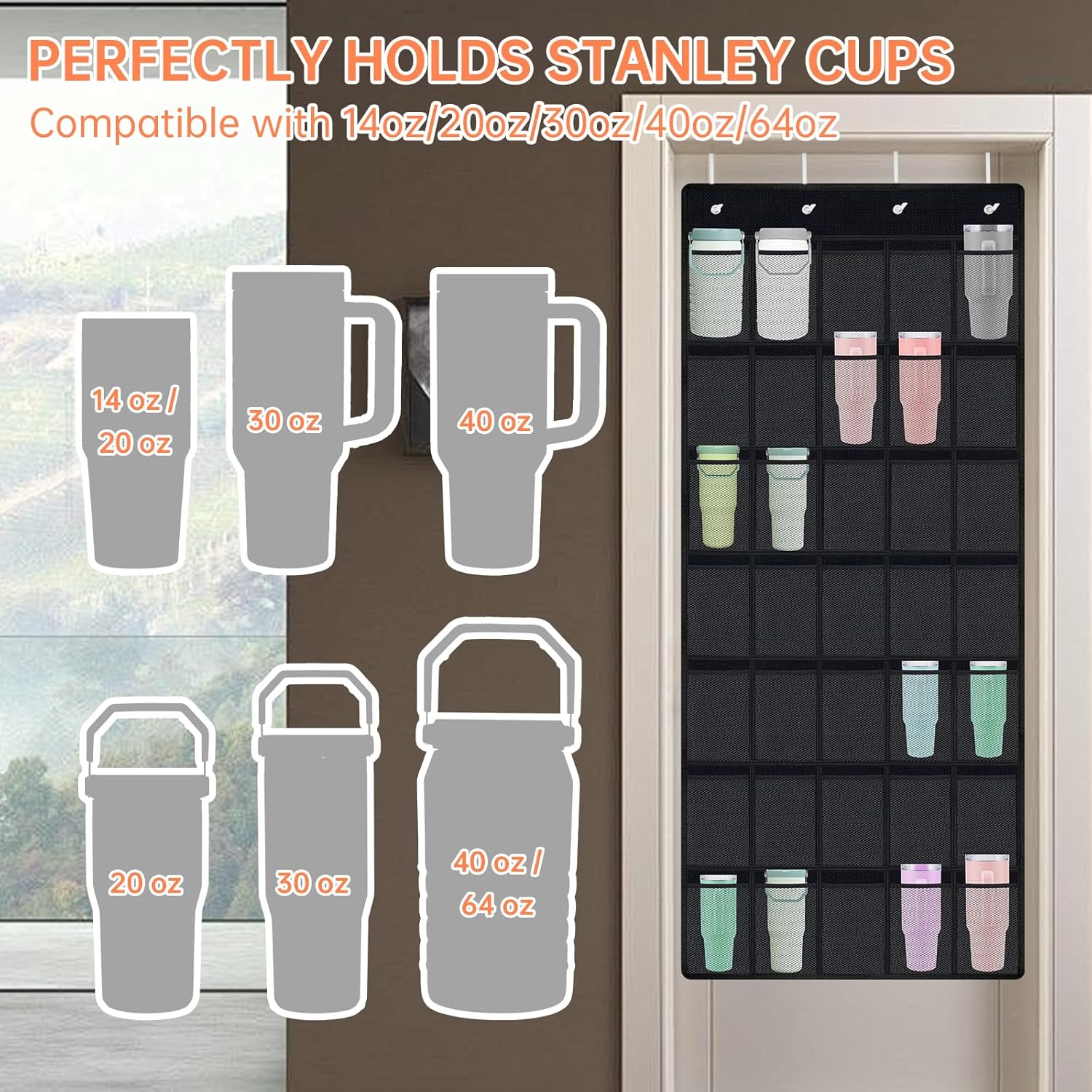 NiHome Multi-Functional 35 Pockets Door Hanging Organizer for Stanley Tumbler in Kitchen, Pantry, Bedroom, Bathroom, Large Capacity Elastic Mesh Secure Storage Cup Holder, Foldable for Home and RV Use - Image 2