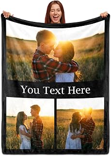 Custom Blanket with Photos Text, HD Printing Personalized Blanket with 3 Picture, Customized Throw Blanket for Girlfriend Boyfriend Mom Dad Wife Husband