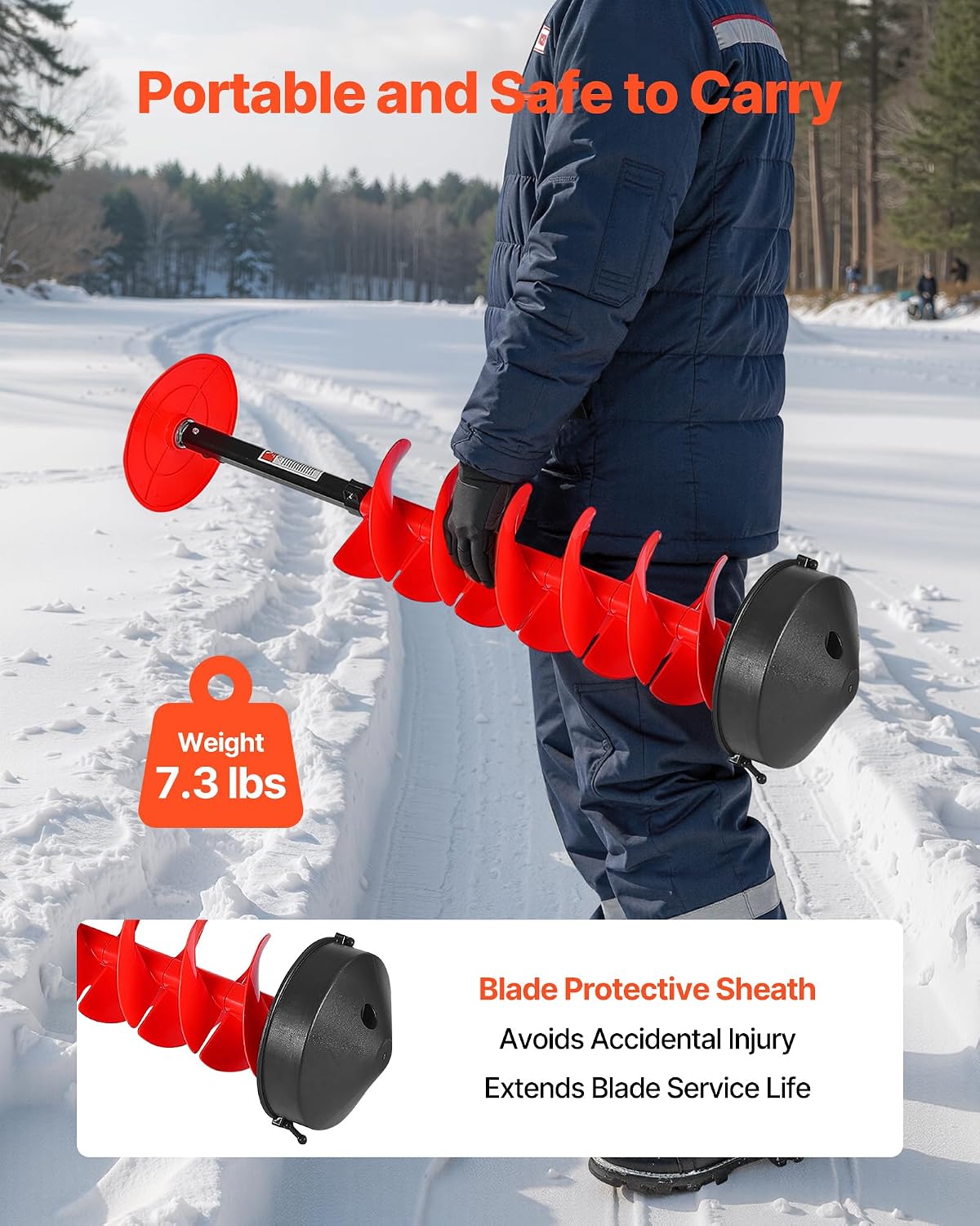 VEVOR Nylon Ice Auger Drill Bit, 8" Diameter 39" Length, Cordless Ice Augers for Ice Fishing with Extra 13.4in Extension Rod, Drill Adapter, Top Plate and Blade Guard