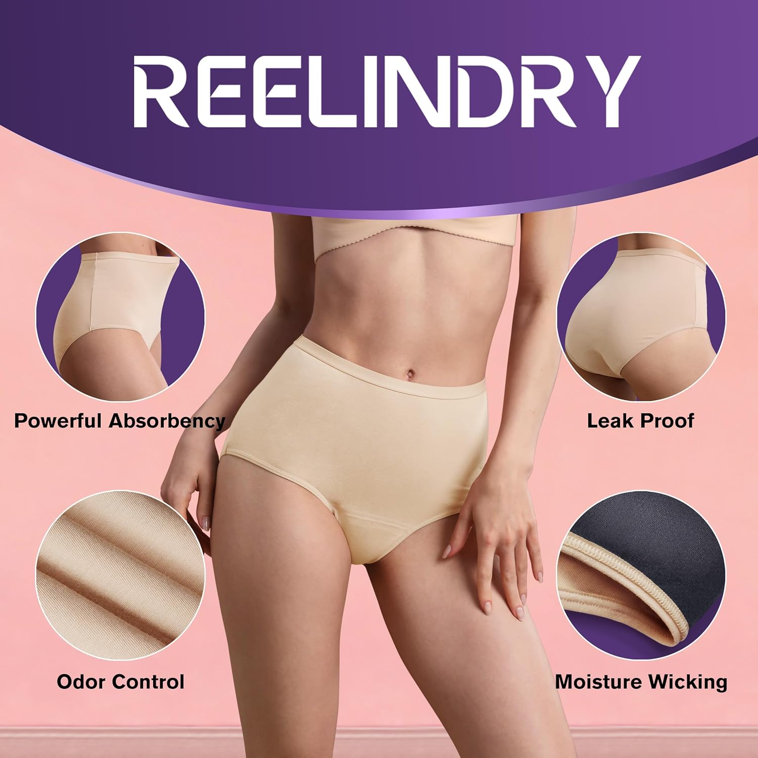 Women’s Incontinence Underwear Maximum Absorbency 5.6 oz Leak Proof Panties Washable Postpartum Bladder Control High Waisted Briefs 1 Pack (Beige, 2XL) - Image 2