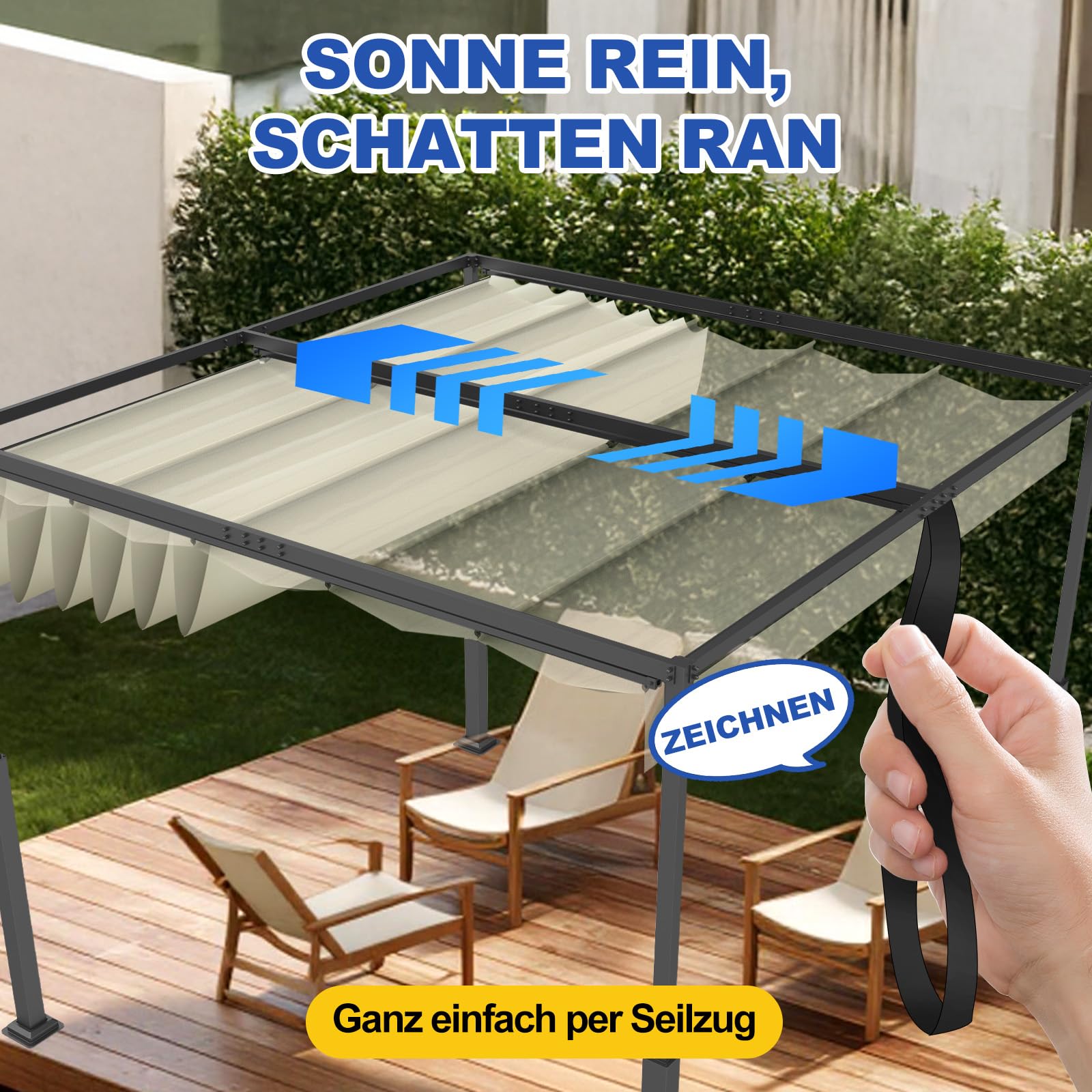 Soontrans Pergola mit Verstellbarem Schiebedach 3 x 3 m, Deine Terrassenüberdachung Freistehend für Entspannung, Pavillon mit Stahlgestell & Magnetbefestigung, Sonnenschutz für Garten Pool (Creme)