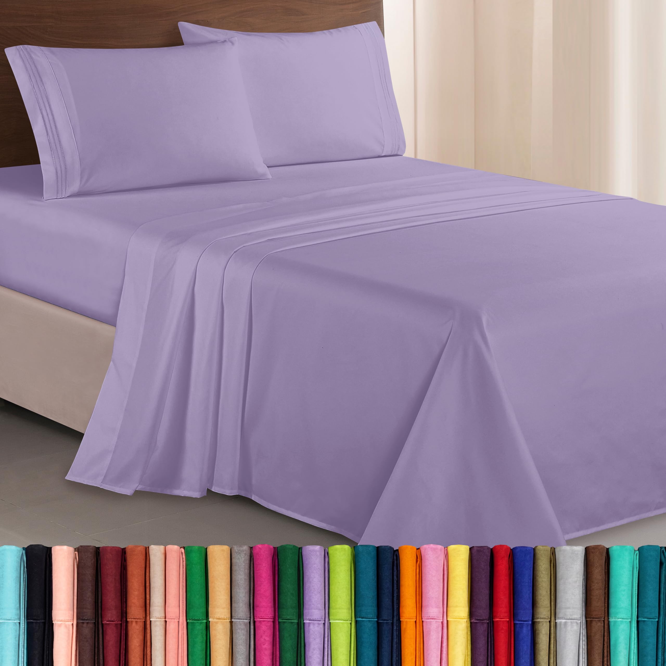 Elegant Comfort Luxurious 1500 Premium Hotel Quality Microfiber Three Line Embroidered Softest 4-Piece Bed Sheet Set, Wrinkle and Fade Resistant, Twin/Twin XL, Lavender