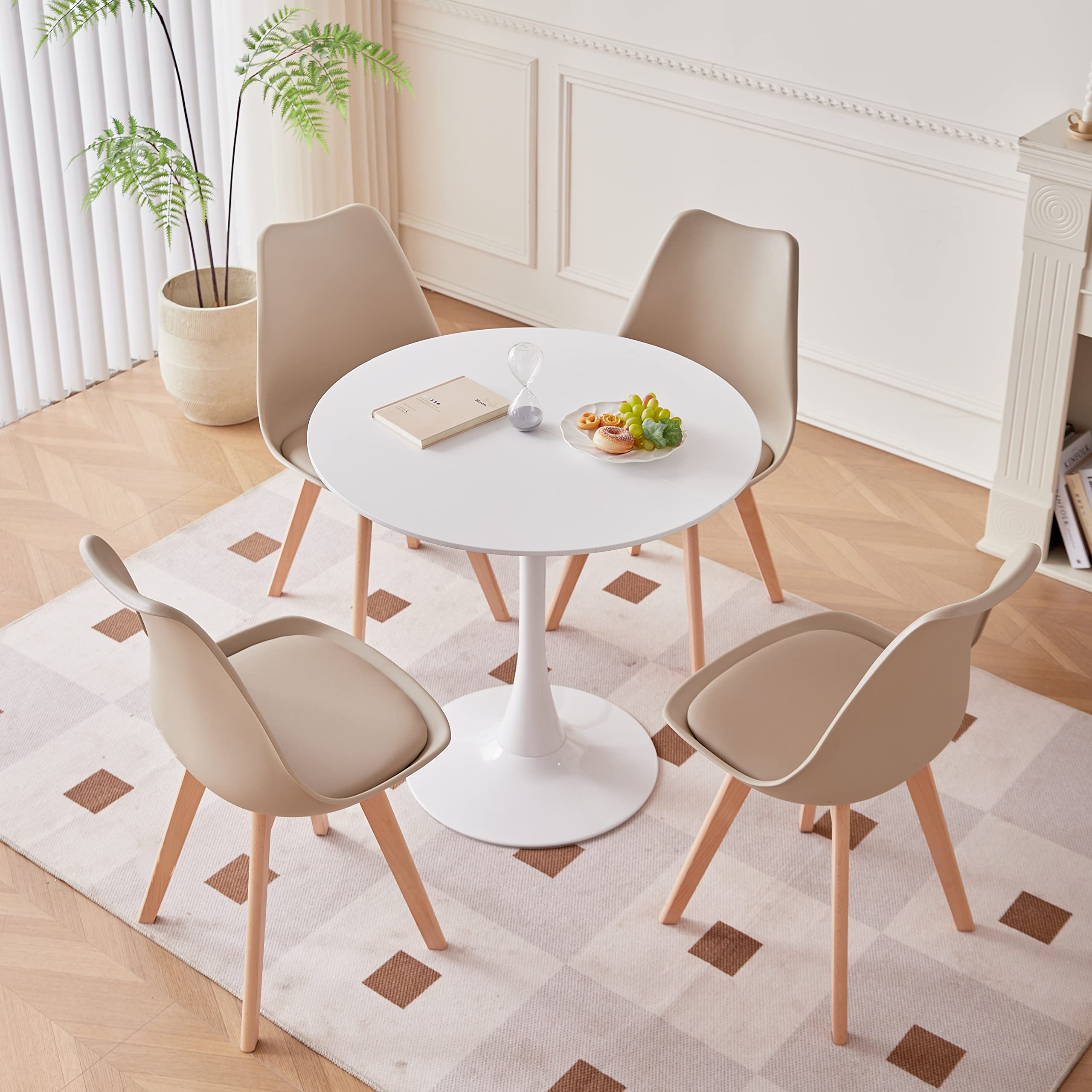 GrandCA HOME Set da Sala da Pranzo con Tavolo da Pranzo e 4 Sedie da Pranzo, Set Tavolo da Pranzo Rotondo 1 MDF Bianco + 4 Sedie da Pranzo Cachi, per Sala Riunioni in Cucina