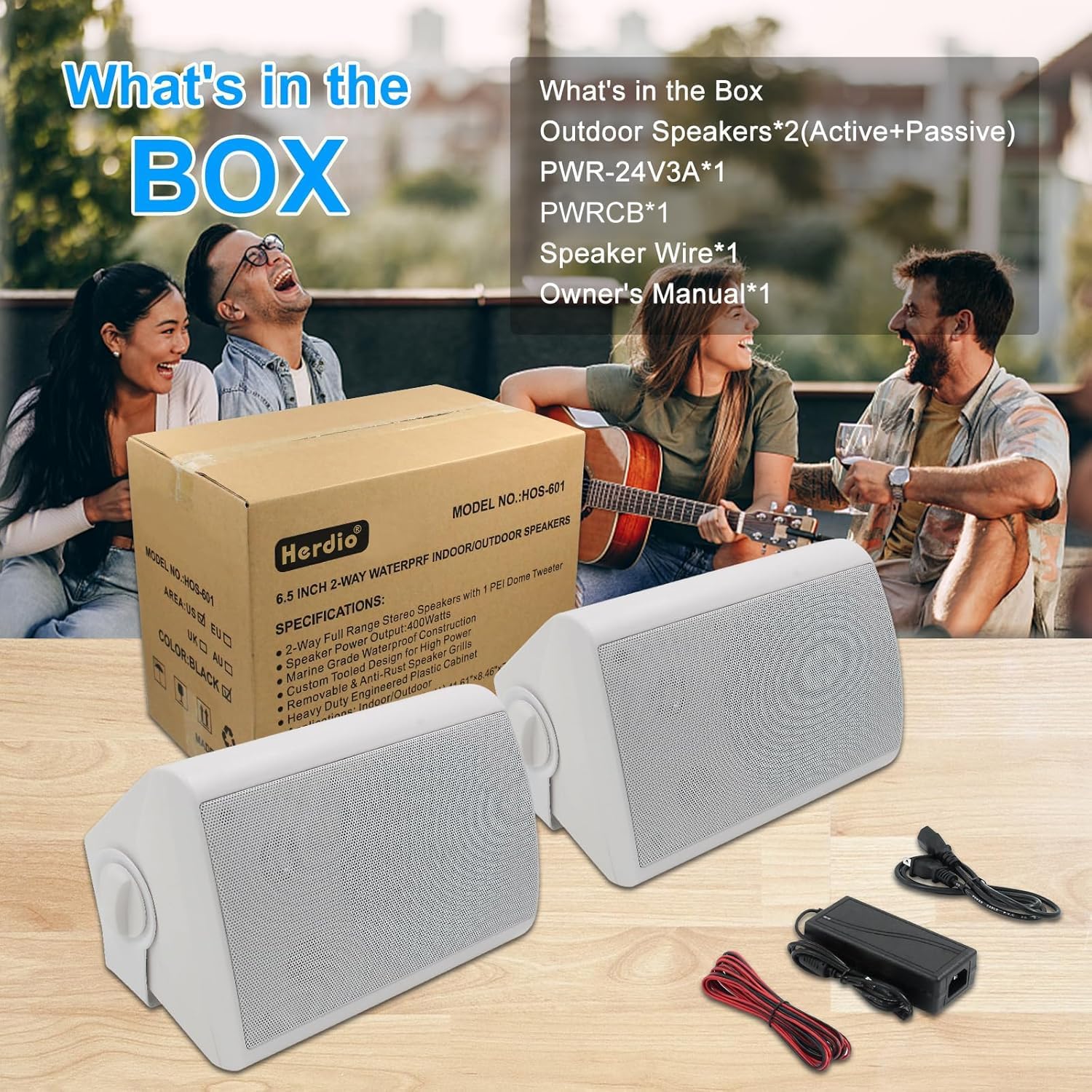 Herdio 6.5 Inches Outdoor Bluetooth Speakers Waterproof with Powerful Bass,Wall Mount Speakers Wired Weather Resistant for Patio Home Deck Porch Backyard 400 Watts(White) - Image 6
