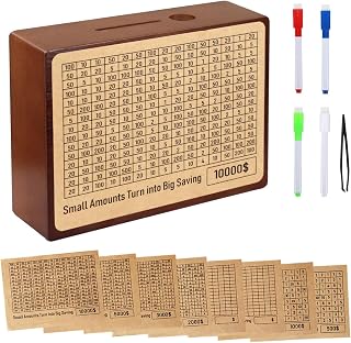 10000 Savings Challenge Box Wooden Money Saving Box Cash Vault Piggy Bank for Adults Kids One Piece Reusable Coin Bank with 8 Saving Targets/Dry Erase Pen/Tweezers