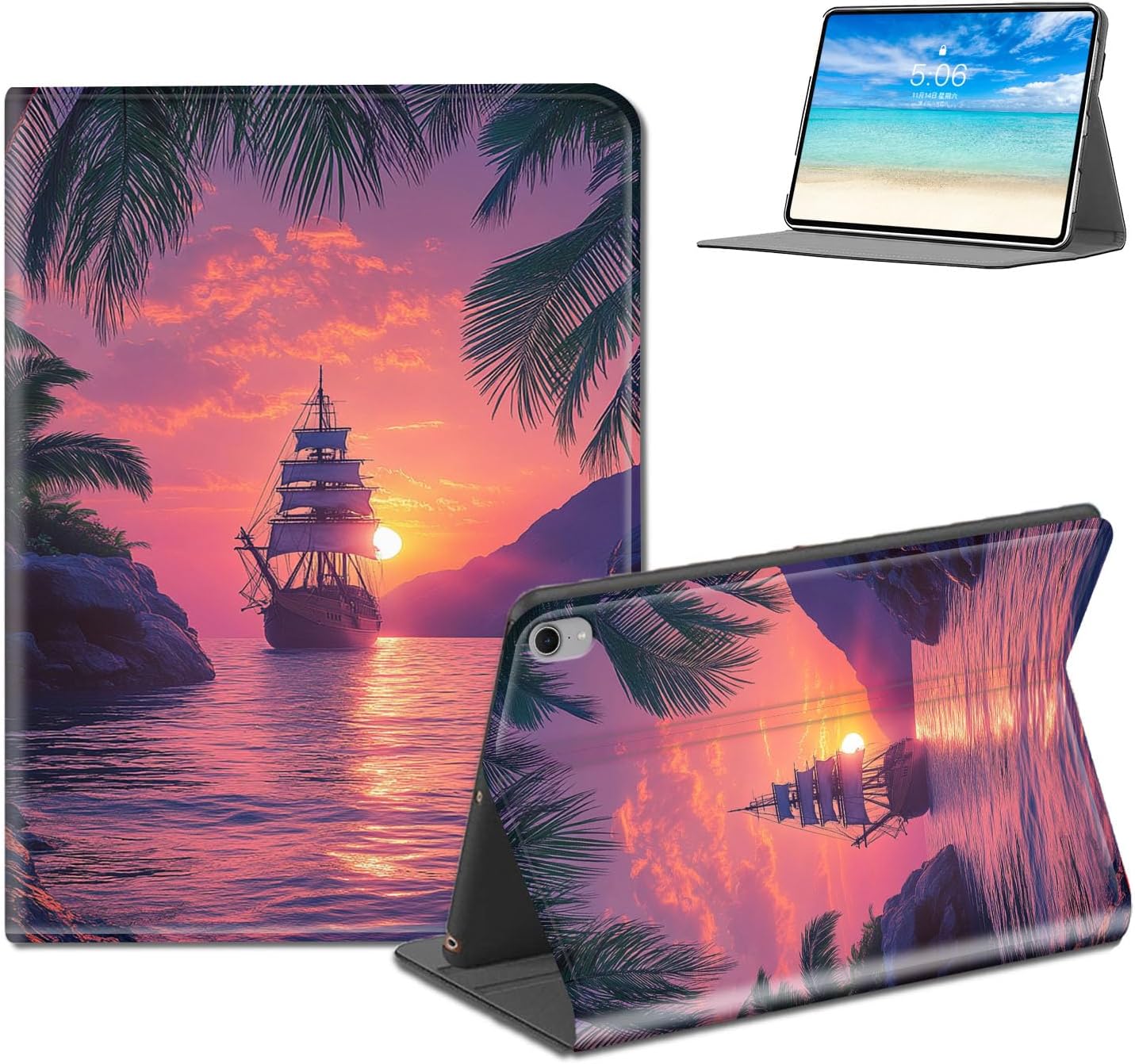 Case for Apple iPad mini 6/7 2021/2024 8.3 Inch, Unique Artistic Pattern Slim Folio Cover with Auto Wake/Sleep, Multi-Angle Standing PU Leather Shell, Sunset Ship