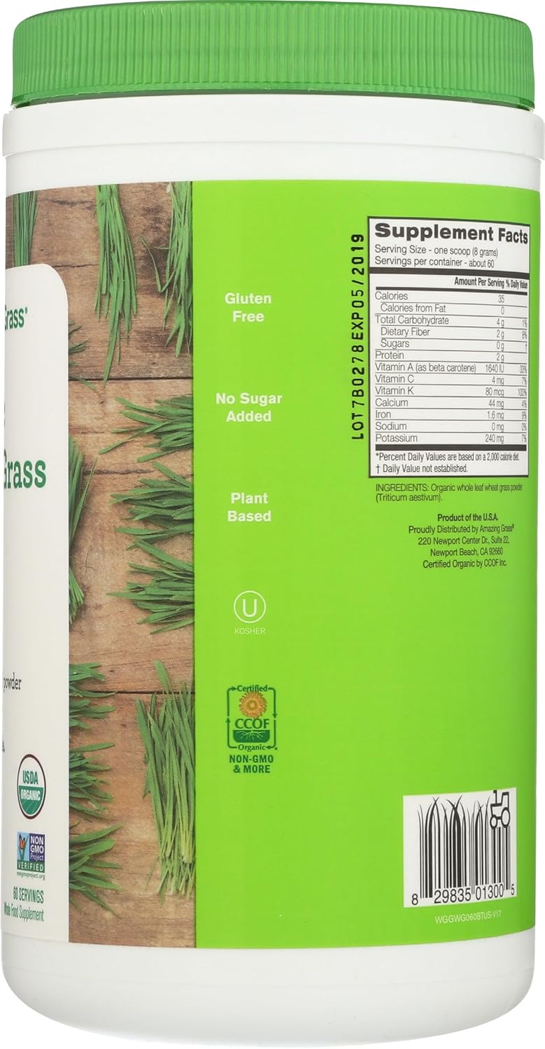 Amazing Grass Wheat Grass Powder: 100% Whole-Leaf Wheat Grass Powder for Energy, Detox & Immunity Support, Chlorophyll Providing Greens, 60 Servings