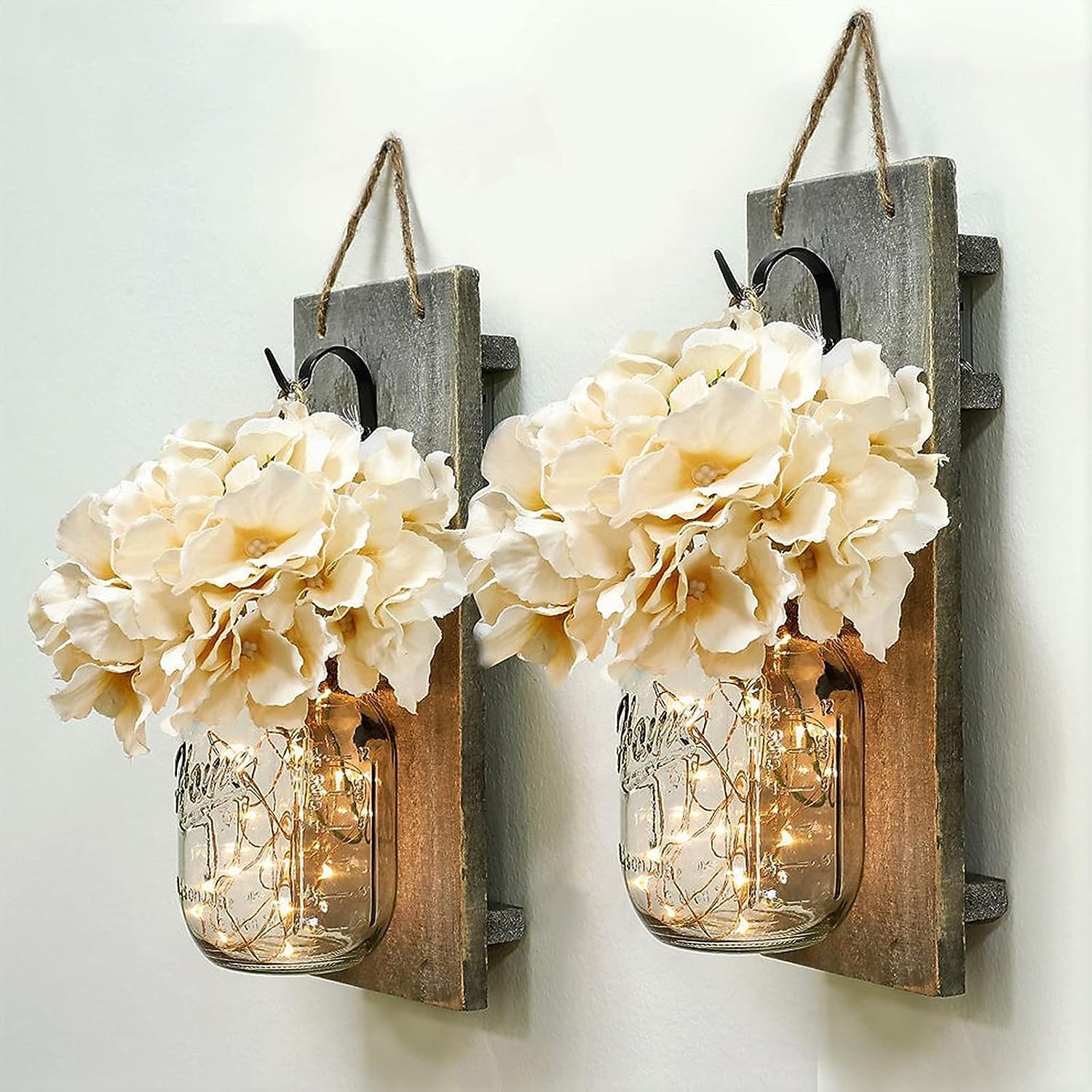 Set of 2 - Rustic Wall Sconces - Mason Jars Sconce with Remote Control, Flowers, LED Fairy Lights for Home Wall Door Decoration Gift (Gray)